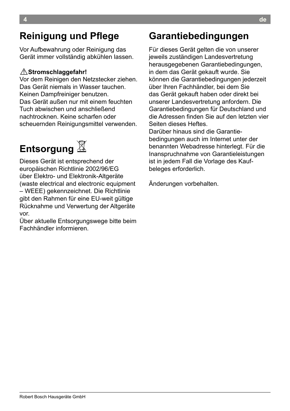 Reinigung und plege, Entsorgung, Garantiebedingungen | Bosch PHC2500 Lockenstab ProSalon Home User Manual | Page 6 / 54