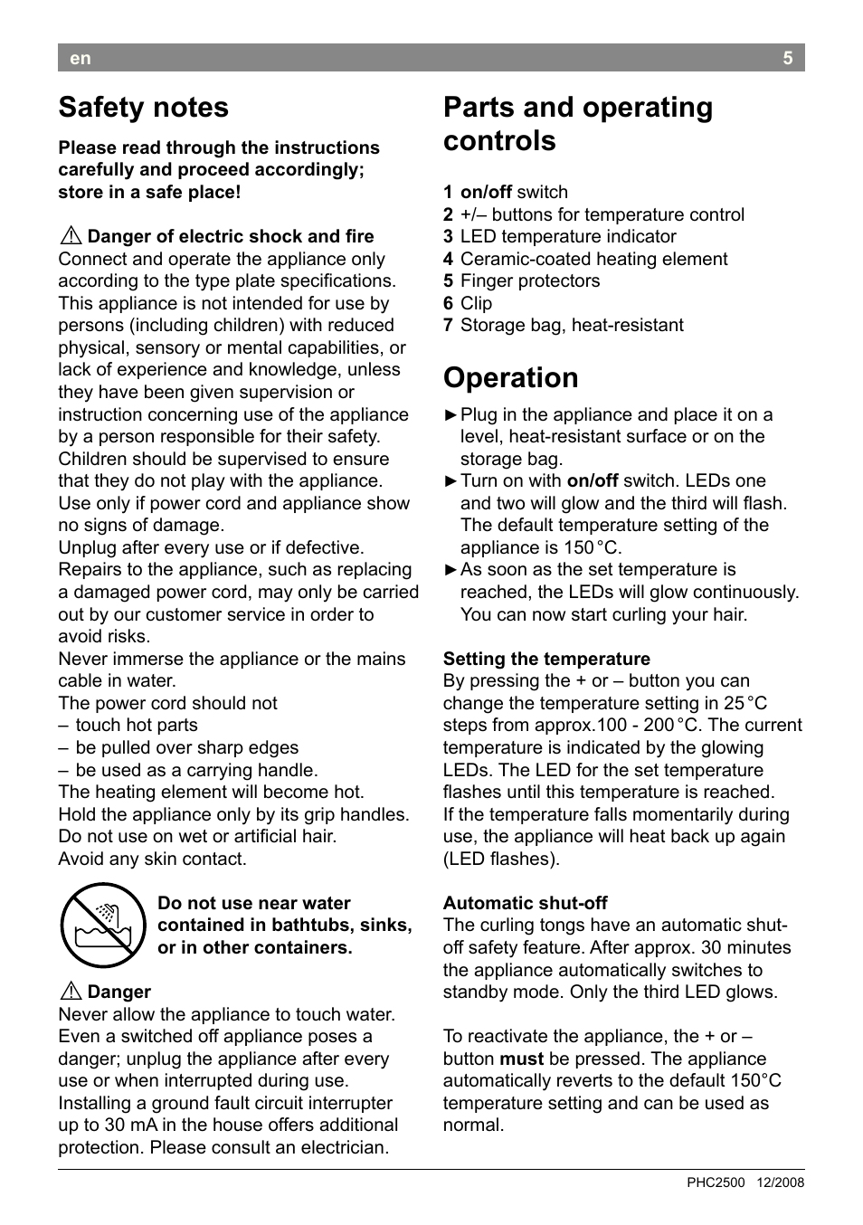 Parts and operating controls, Operation | Bosch PHC2500 Lockenstab ProSalon Home User Manual | Page 7 / 54