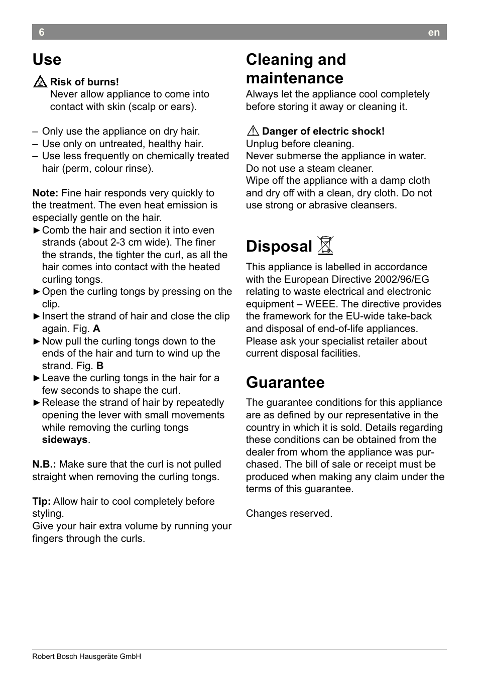 Cleaning and maintenance, Disposal, Guarantee | Bosch PHC2500 Lockenstab ProSalon Home User Manual | Page 8 / 54