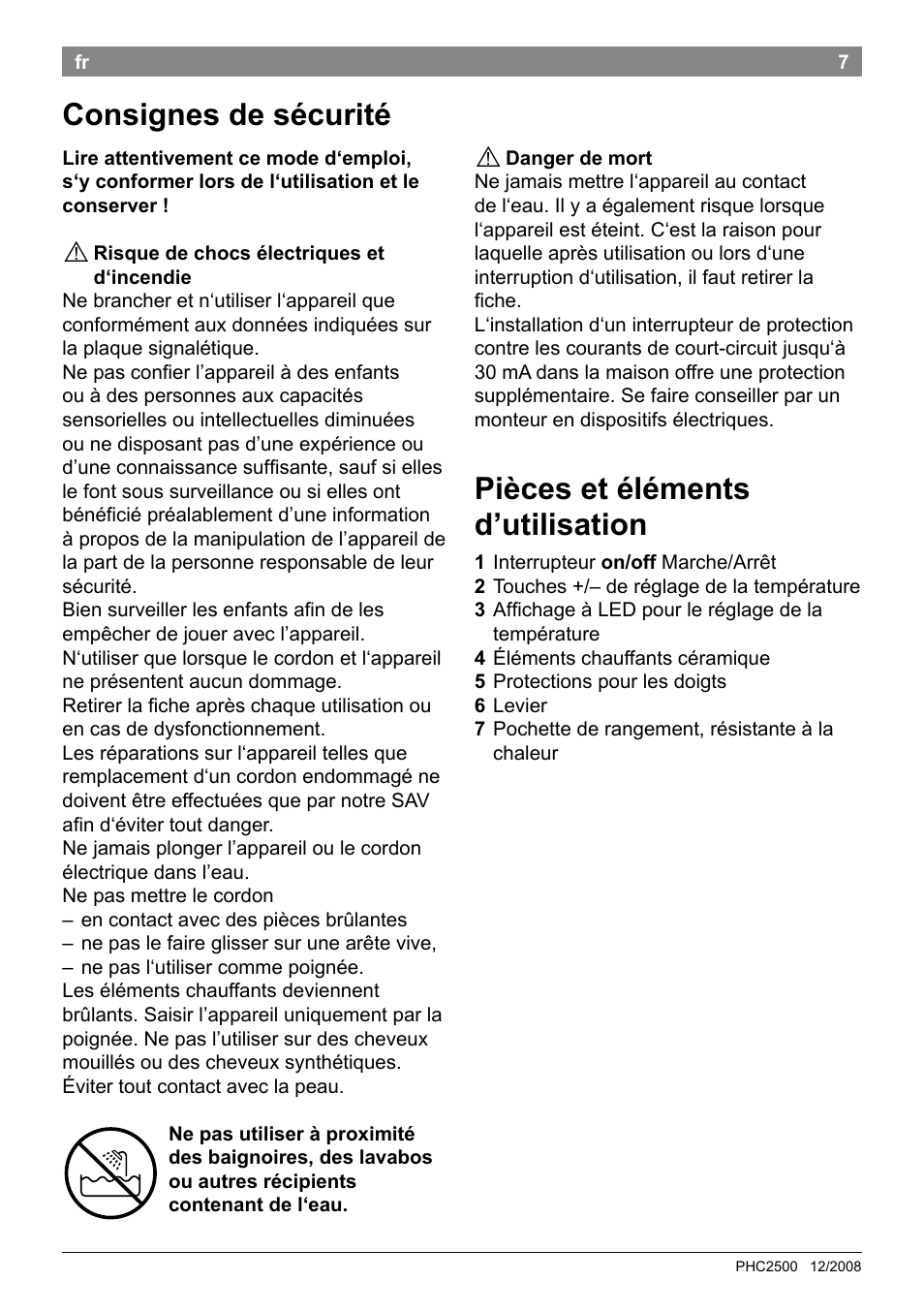 Pièces et éléments d’utilisation, Consignes de sécurité | Bosch PHC2500 Lockenstab ProSalon Home User Manual | Page 9 / 54