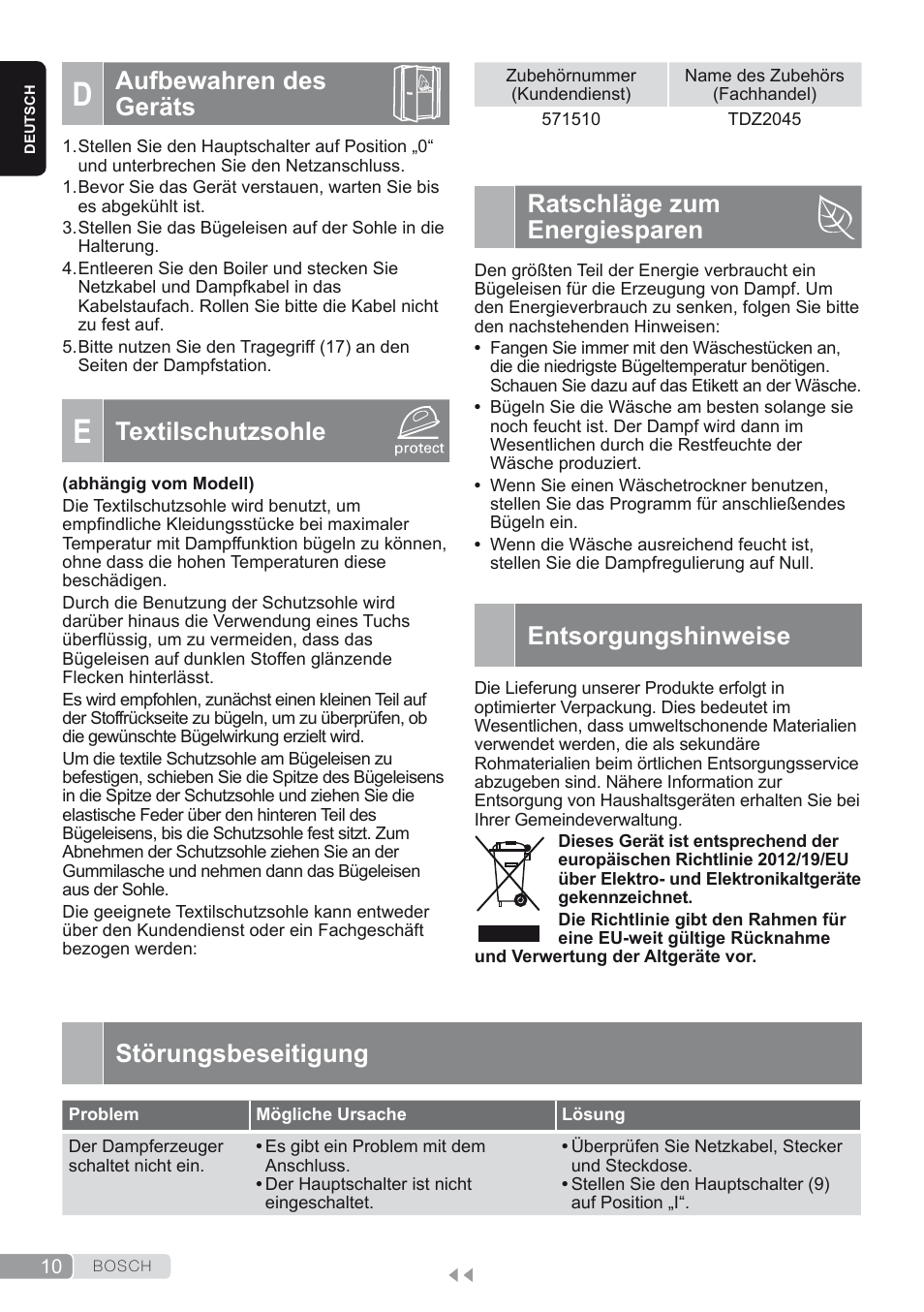 D. aufbewahren des geräts, F. textilschutzsohle, Ratschläge zum energiesparen | Entsorgungshinweise, Störungsbeseitigung, Aufbewahren des geräts, Textilschutzsohle | Bosch TDS1624000 weiß Flieder Dampfstation Sensixx B10L User Manual | Page 10 / 122