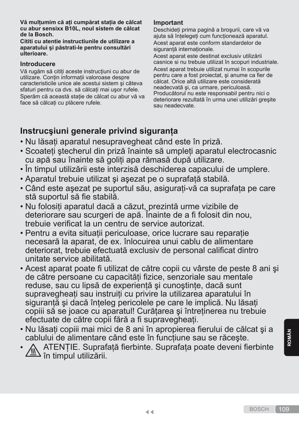 Român, Instrucşiuni generale privind siguranţa | Bosch TDS1624000 weiß Flieder Dampfstation Sensixx B10L User Manual | Page 109 / 122