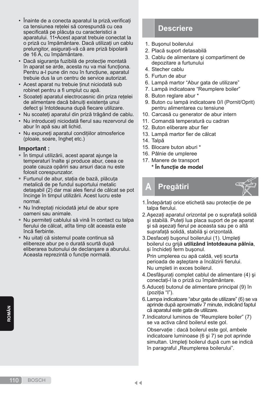 Descriere, A. pregătiri, Pregătiri | Bosch TDS1624000 weiß Flieder Dampfstation Sensixx B10L User Manual | Page 110 / 122