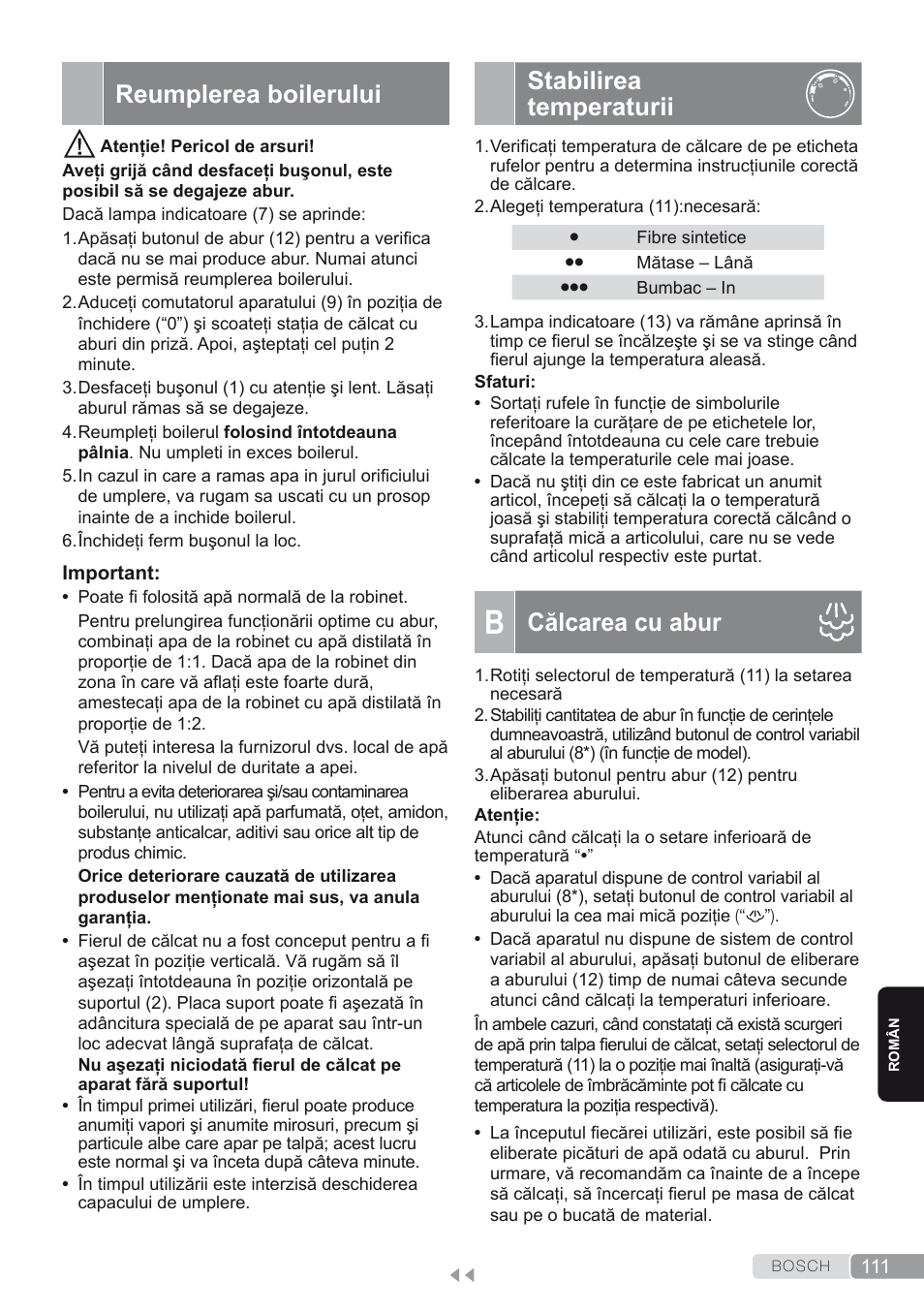 Reumplerea boilerului, Stabilirea temperaturii, B. călcarea cu abur | Călcarea cu abur | Bosch TDS1624000 weiß Flieder Dampfstation Sensixx B10L User Manual | Page 111 / 122