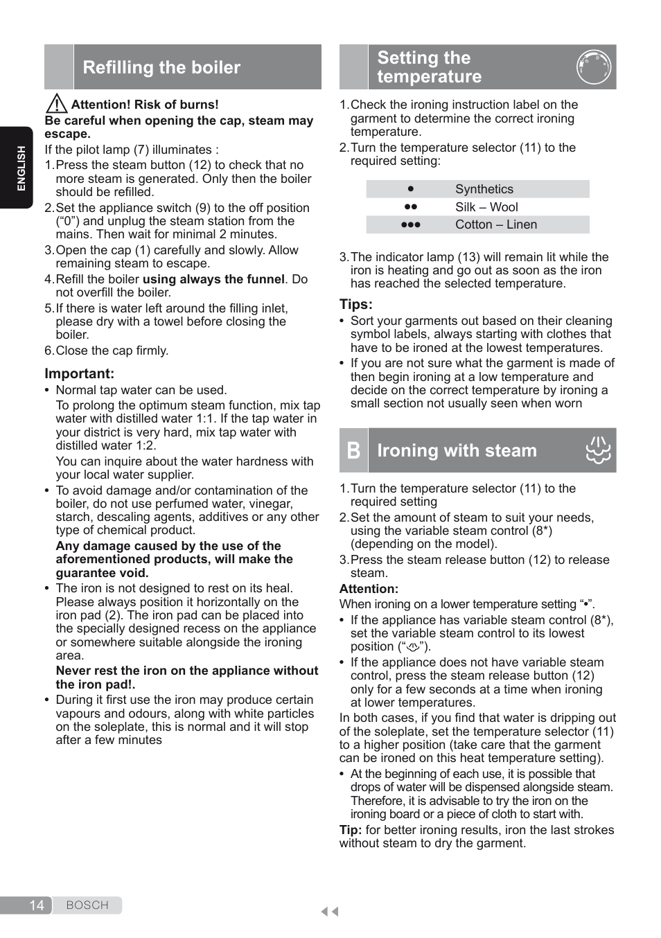 Refilling the boiler, Setting the temperature, B. ironing with steam | Ironing with steam | Bosch TDS1624000 weiß Flieder Dampfstation Sensixx B10L User Manual | Page 14 / 122