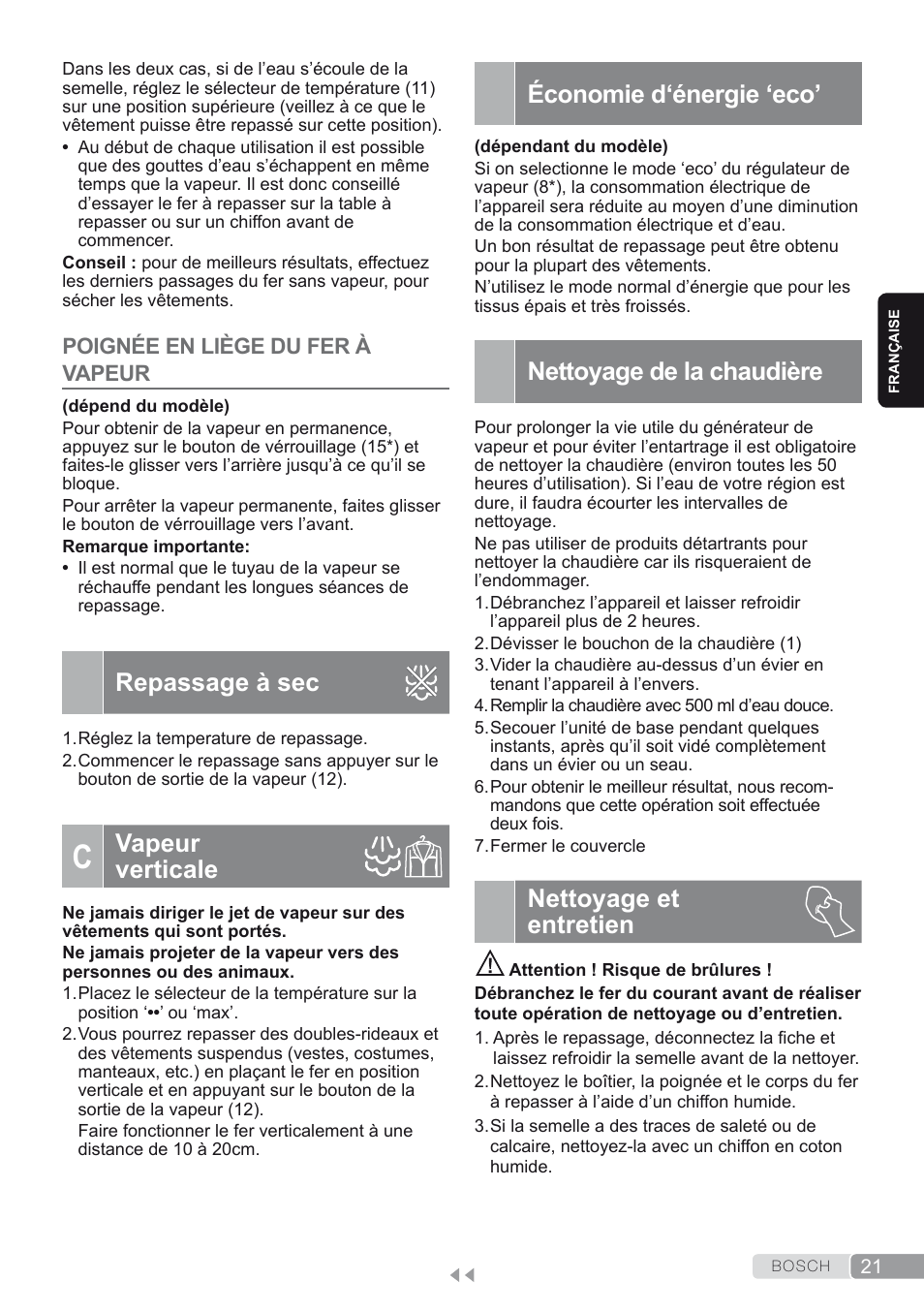 Poignée en liège du fer à vapeur, Repassage à sec, C. vapeur verticale | Économie d‘énergie ‘eco, Nettoyage de la chaudière, Nettoyage et entretien, Vapeur verticale | Bosch TDS1624000 weiß Flieder Dampfstation Sensixx B10L User Manual | Page 21 / 122