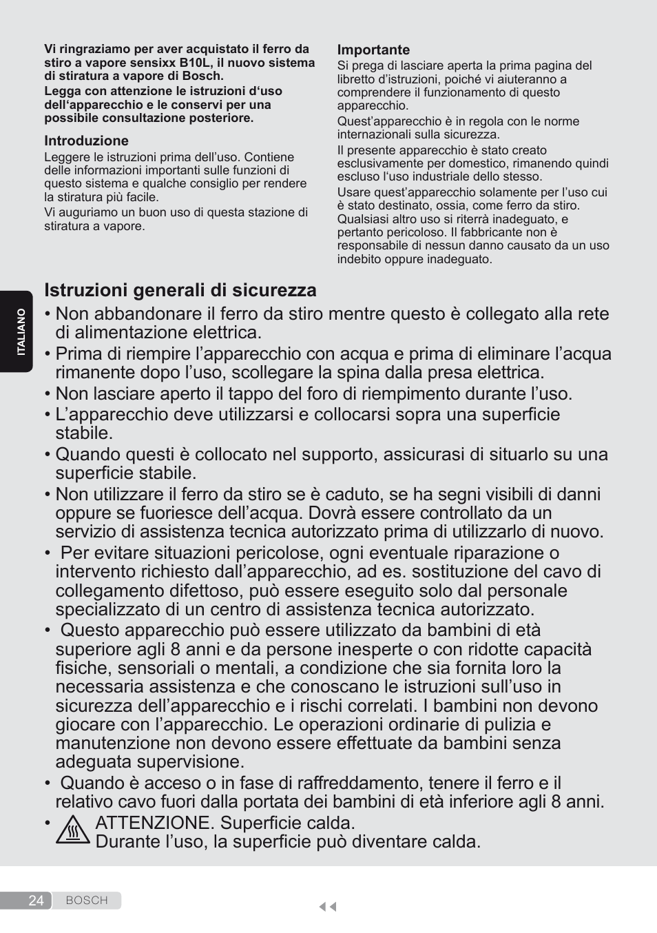 Italiano, Istruzioni generali di sicurezza | Bosch TDS1624000 weiß Flieder Dampfstation Sensixx B10L User Manual | Page 24 / 122