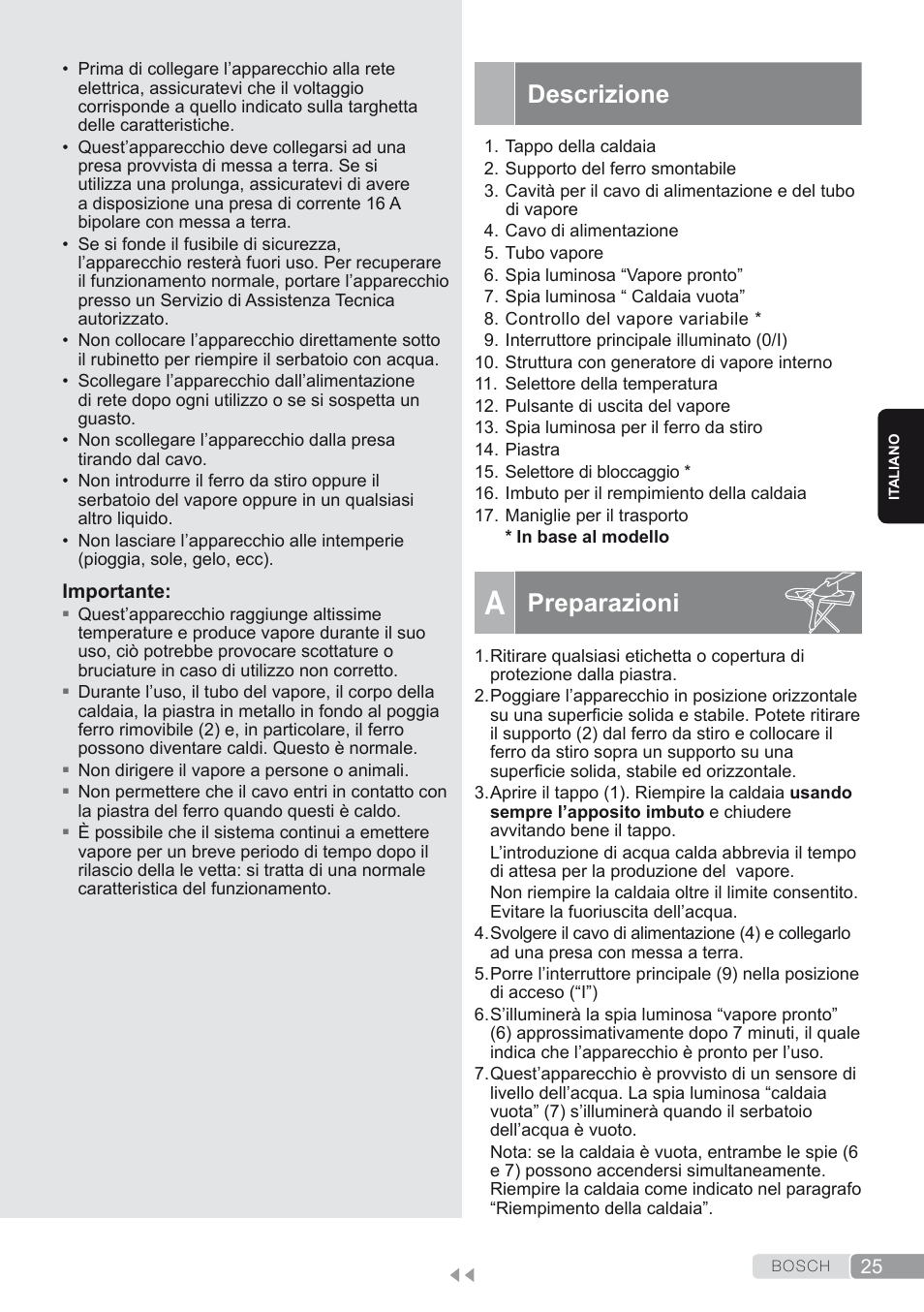 Descrizione, A. preparazioni, Preparazioni | Bosch TDS1624000 weiß Flieder Dampfstation Sensixx B10L User Manual | Page 25 / 122