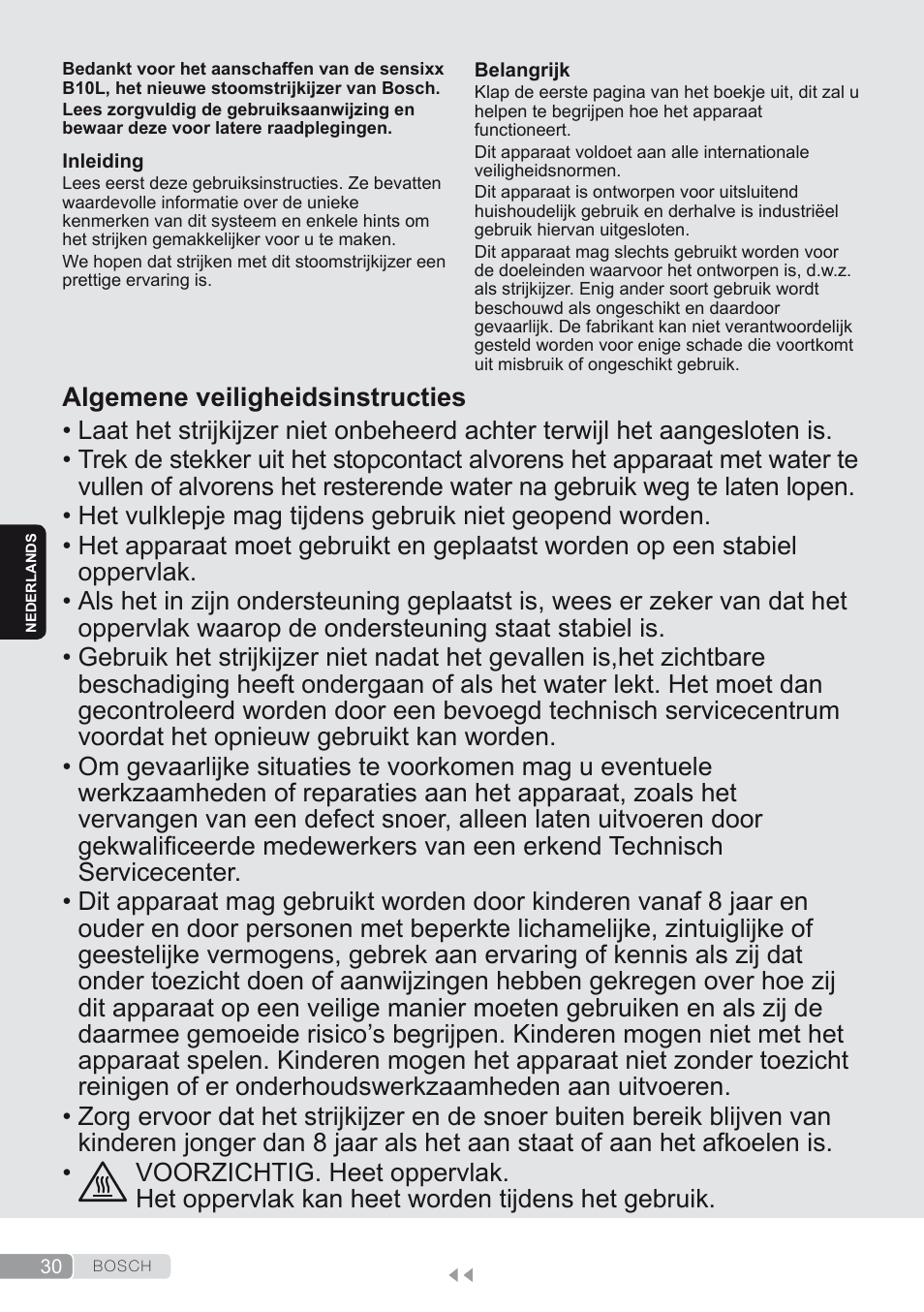 Nederlands, Algemene veiligheidsinstructies | Bosch TDS1624000 weiß Flieder Dampfstation Sensixx B10L User Manual | Page 30 / 122