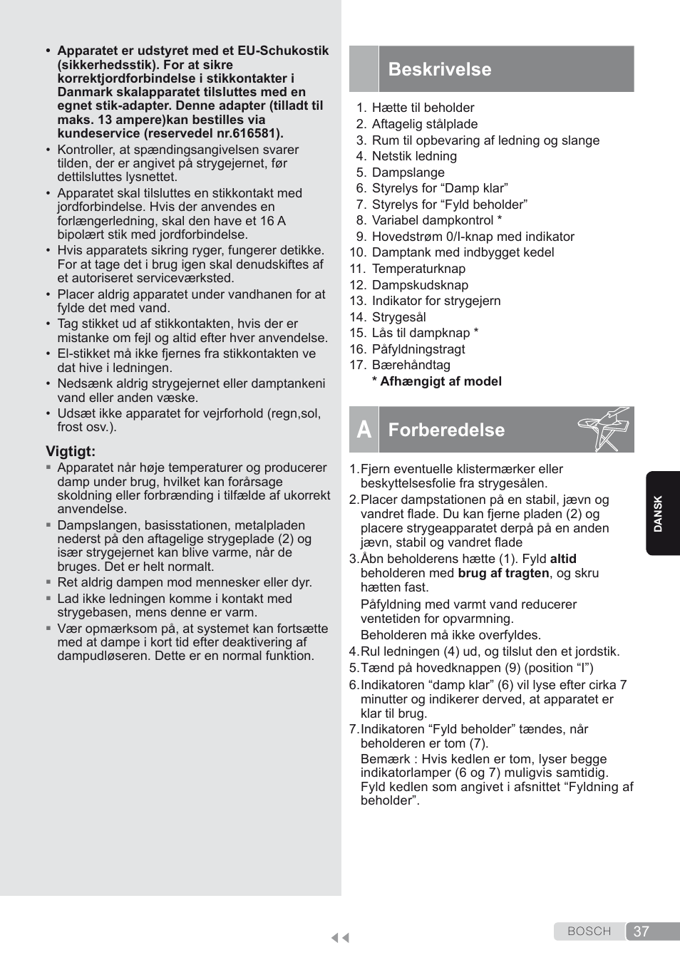 Beskrivelse, Forberedelse | Bosch TDS1624000 weiß Flieder Dampfstation Sensixx B10L User Manual | Page 37 / 122