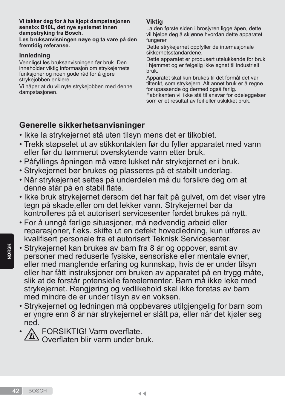 Norsk, Generelle sikkerhetsanvisninger | Bosch TDS1624000 weiß Flieder Dampfstation Sensixx B10L User Manual | Page 42 / 122