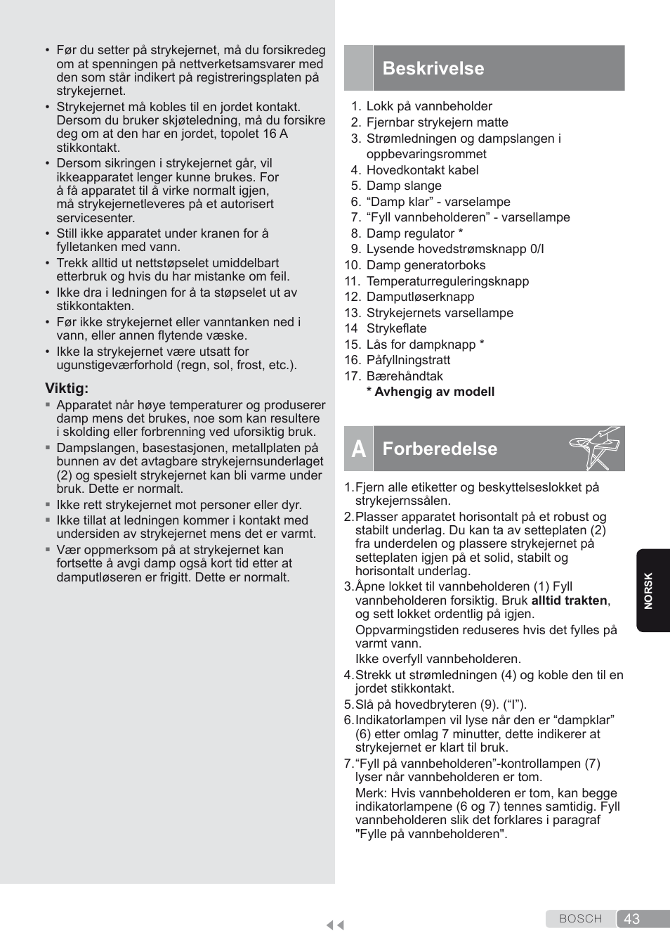 Beskrivelse, A. forberedelse, Forberedelse | Bosch TDS1624000 weiß Flieder Dampfstation Sensixx B10L User Manual | Page 43 / 122