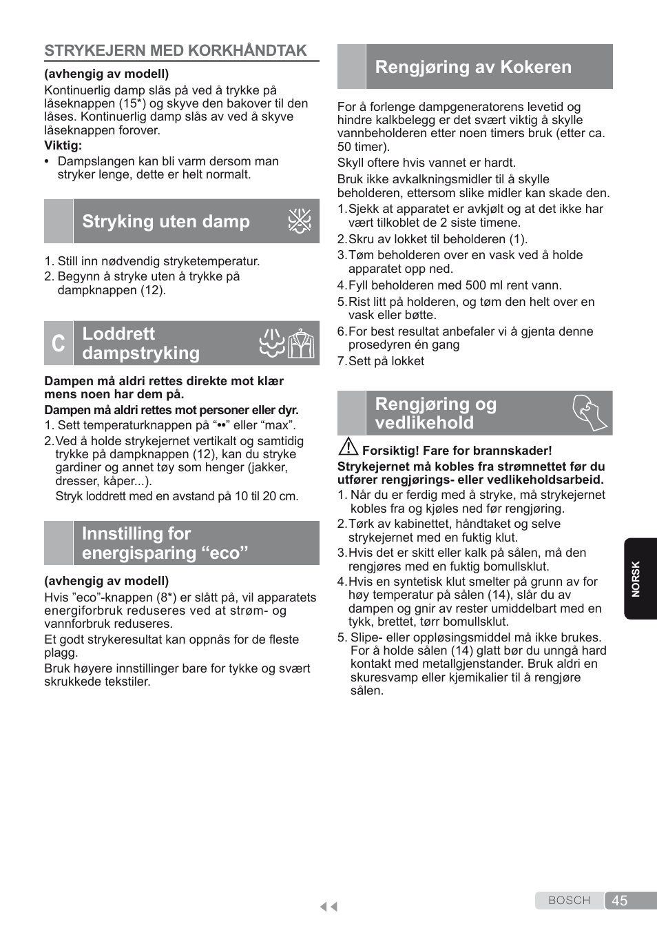 Strykejern med korkhåndtak, Stryking uten damp, C. loddrett dampstryking | Innstilling for energisparing “eco, Rengjøring av kokeren, Rengjøring og vedlikehold, Loddrett dampstryking | Bosch TDS1624000 weiß Flieder Dampfstation Sensixx B10L User Manual | Page 45 / 122