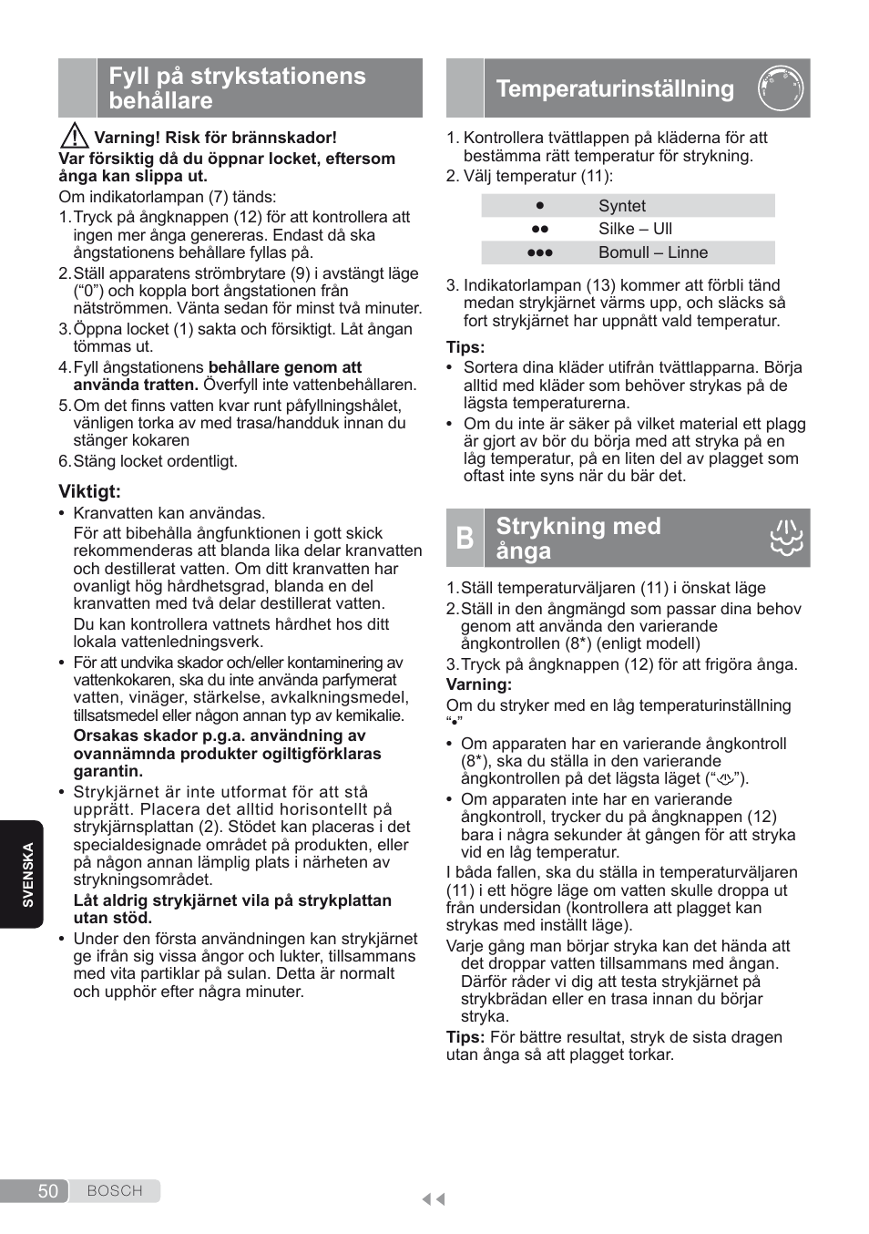 Fyll på strykstationens behållare, Temperaturinställning, B. strykning med ånga | Strykning med ånga | Bosch TDS1624000 weiß Flieder Dampfstation Sensixx B10L User Manual | Page 50 / 122