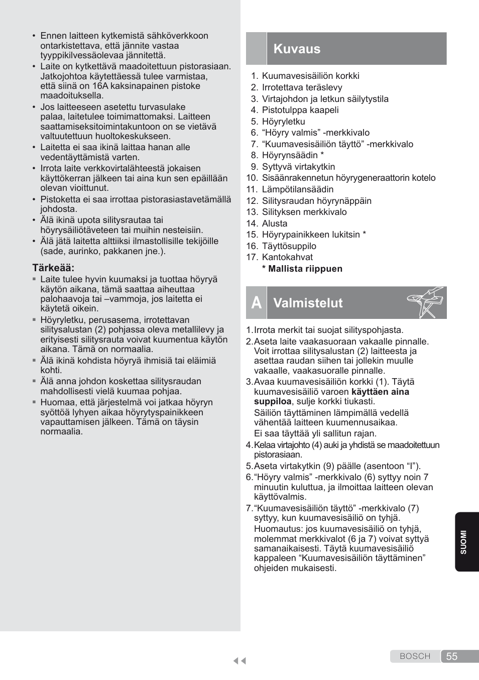 Kuvaus, A. valmistelut, Valmistelut | Bosch TDS1624000 weiß Flieder Dampfstation Sensixx B10L User Manual | Page 55 / 122
