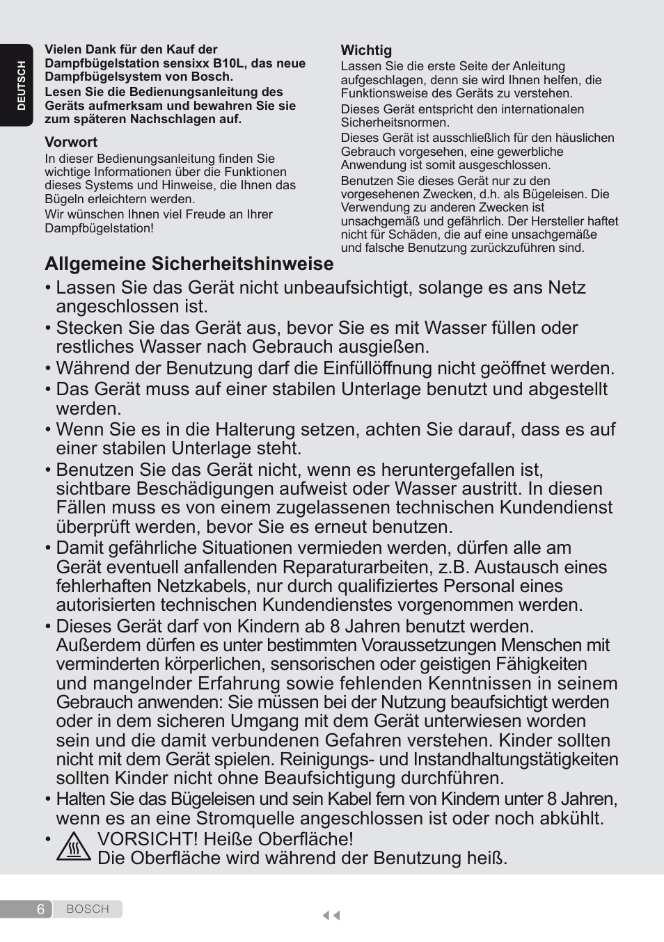 Deutsch, Allgemeine sicherheitshinweise | Bosch TDS1624000 weiß Flieder Dampfstation Sensixx B10L User Manual | Page 6 / 122