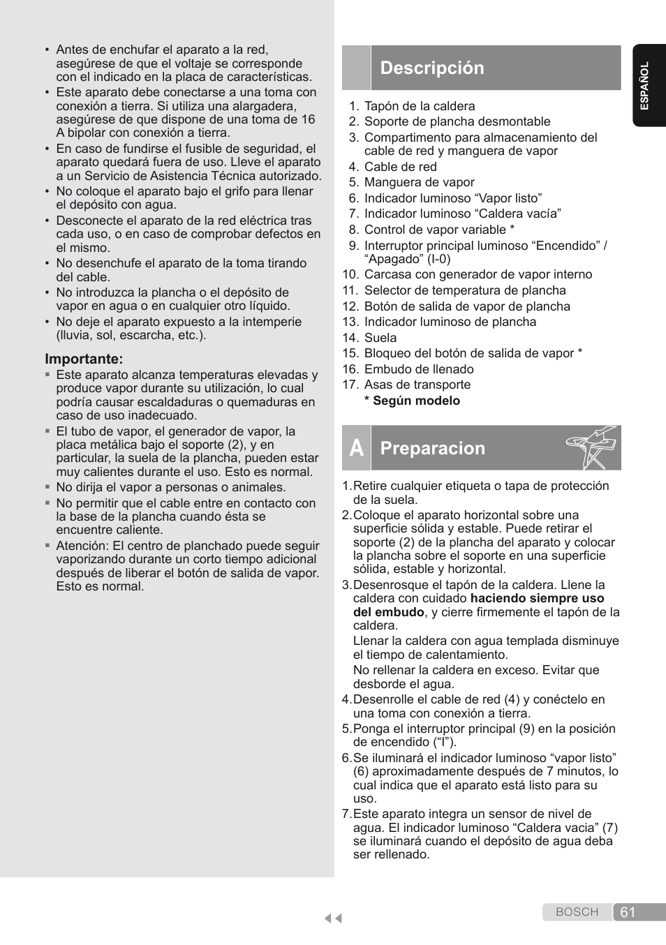 Descripción, A. preparacion, Preparacion | Bosch TDS1624000 weiß Flieder Dampfstation Sensixx B10L User Manual | Page 61 / 122