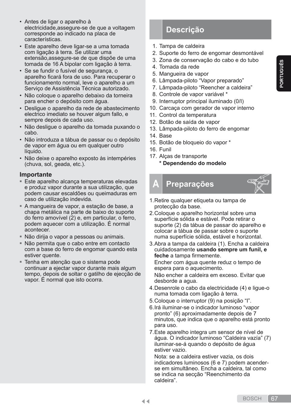 Descrição, A. preparações, Preparações | Bosch TDS1624000 weiß Flieder Dampfstation Sensixx B10L User Manual | Page 67 / 122