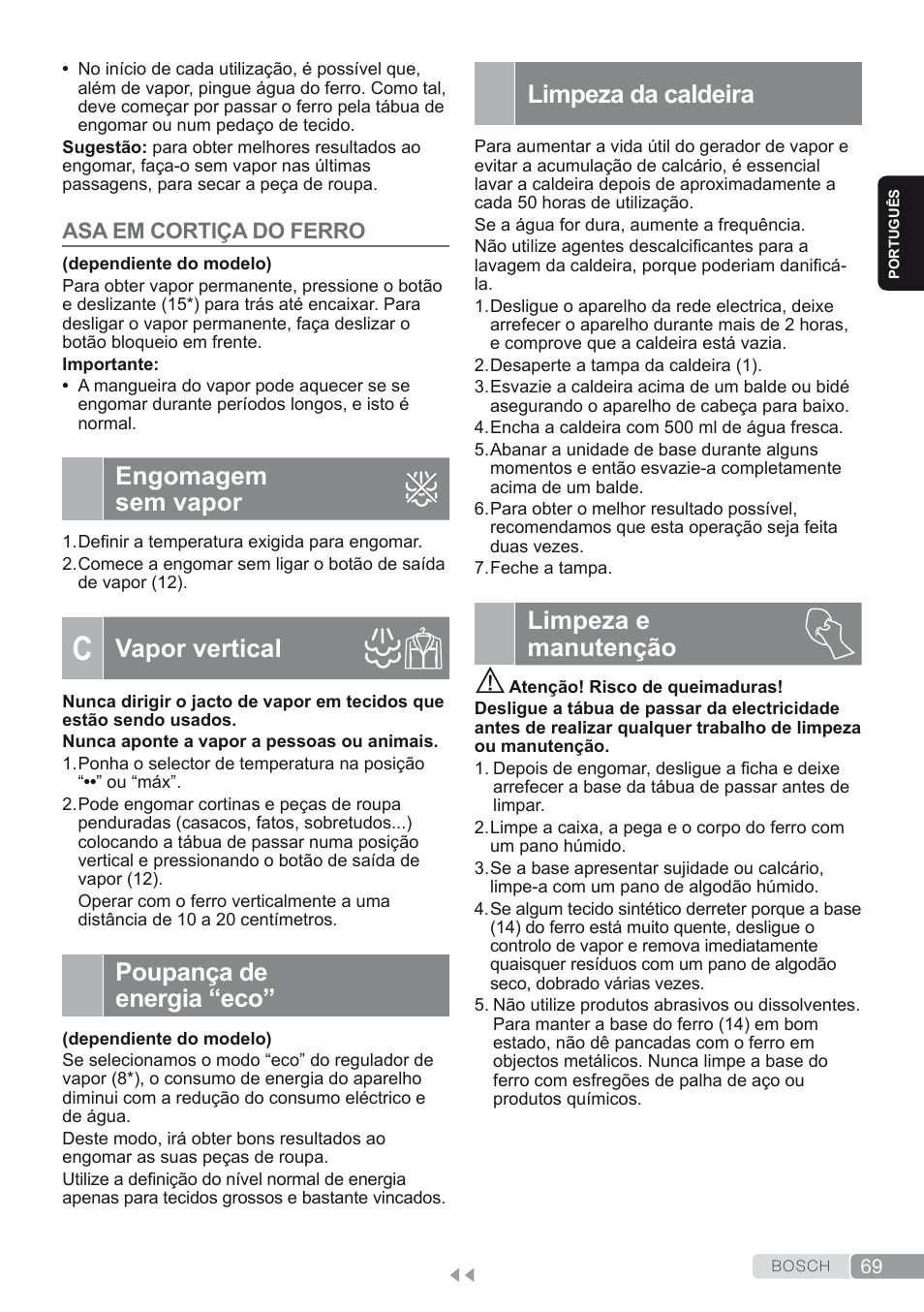 C. vapor vertical, Asa em cortiça do ferro, Engomagem sem vapor | Poupança de energia “eco, Limpeza da caldeira, Limpeza e manutenção, Vapor vertical | Bosch TDS1624000 weiß Flieder Dampfstation Sensixx B10L User Manual | Page 69 / 122