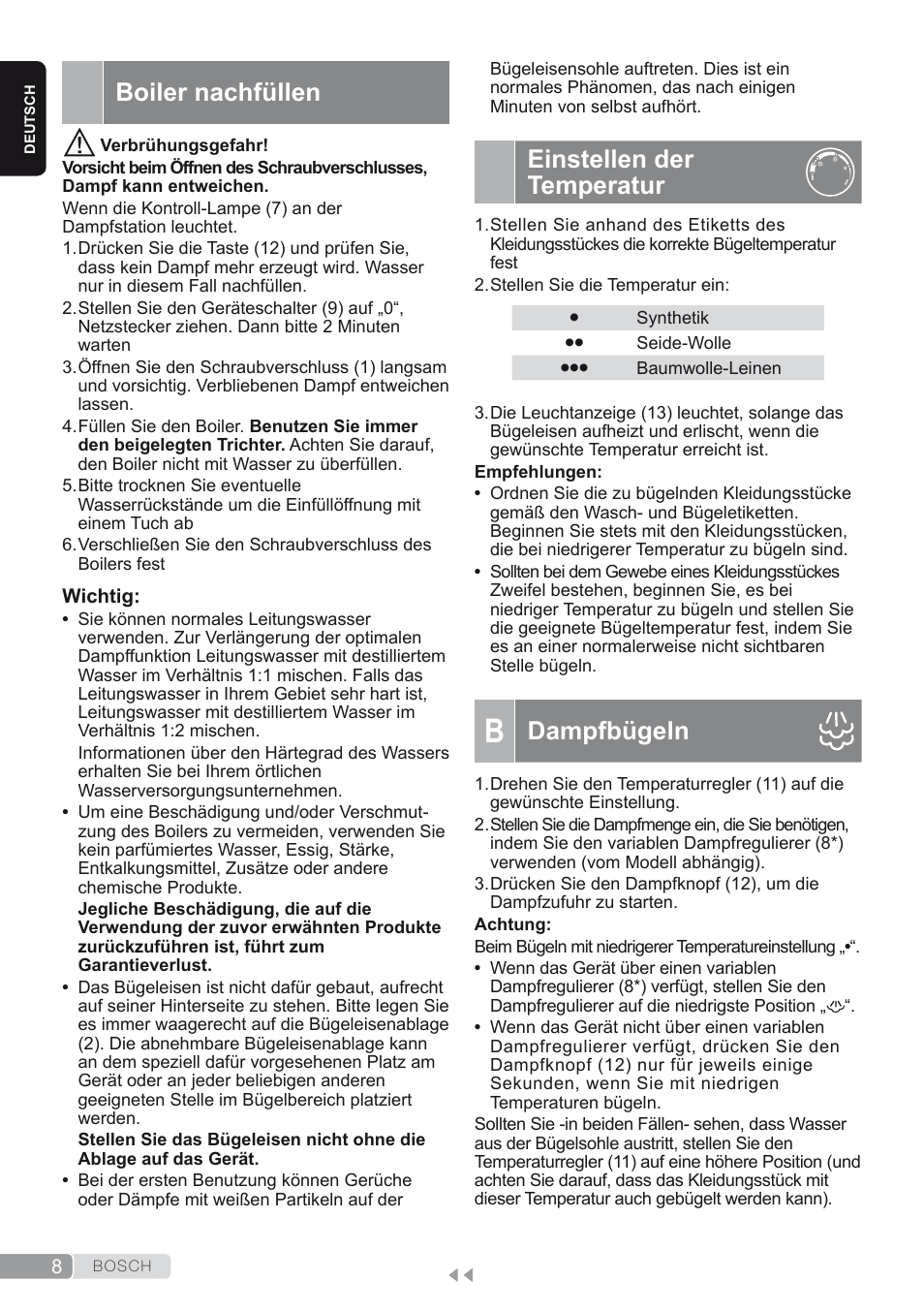 Boiler nachfüllen, Einstellen der temperatur, B. dampfbügeln | Dampfbügeln | Bosch TDS1624000 weiß Flieder Dampfstation Sensixx B10L User Manual | Page 8 / 122