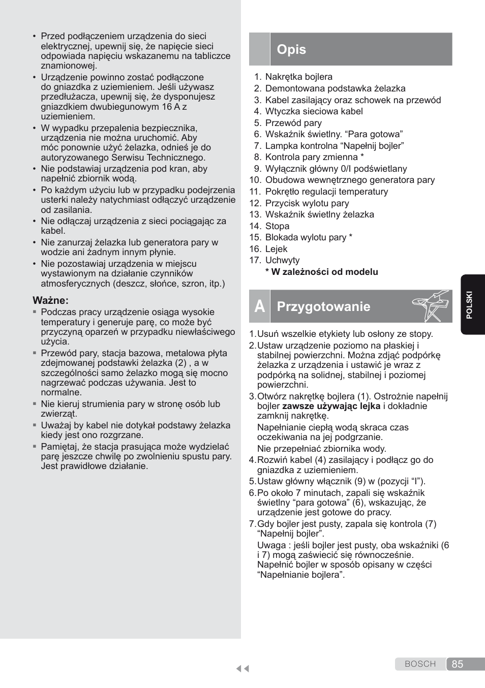 Opis, A. przygotowanie, Przygotowanie | Bosch TDS1624000 weiß Flieder Dampfstation Sensixx B10L User Manual | Page 85 / 122