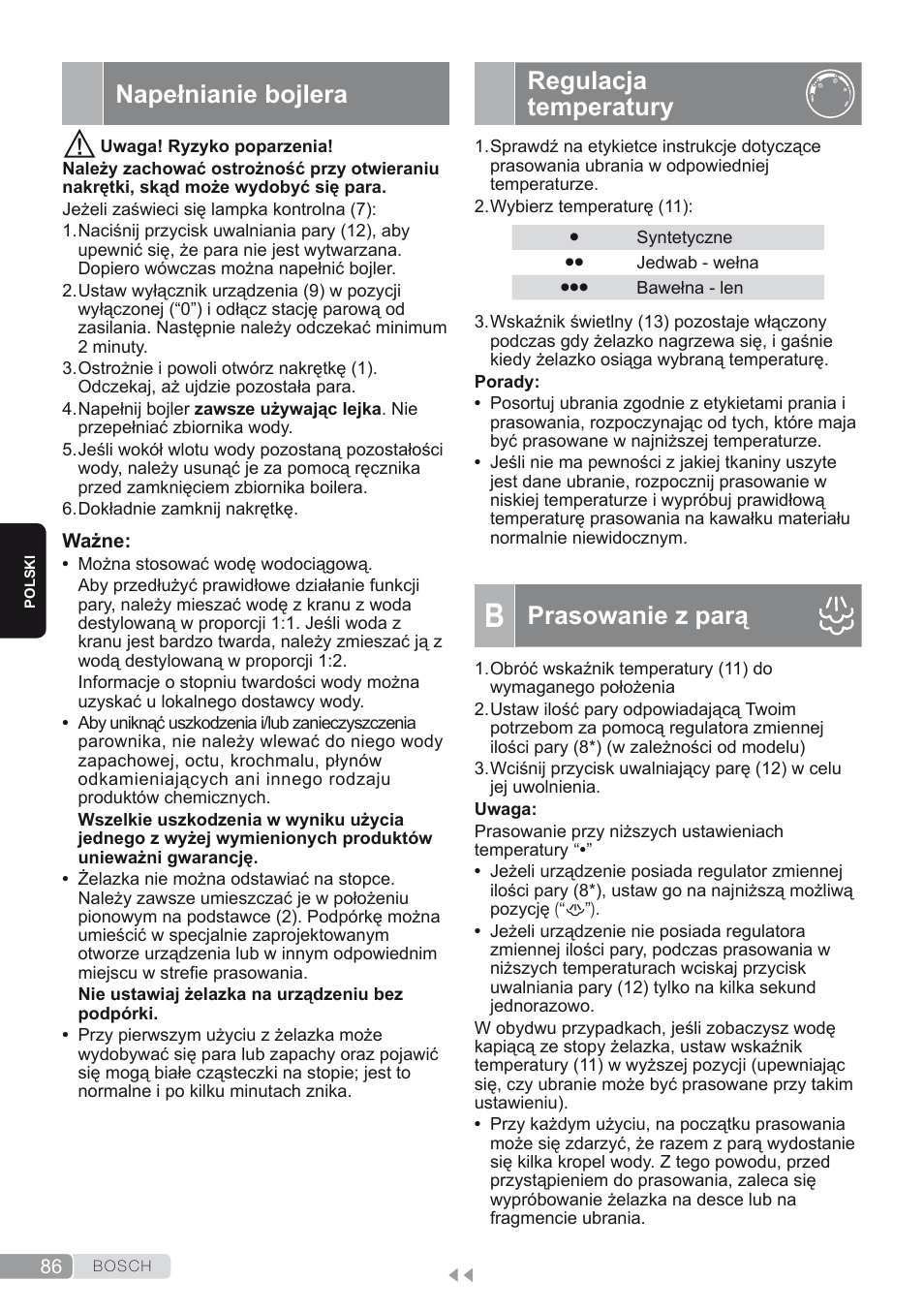 Napełnianie bojlera, Regulacja temperatury, B. prasowanie z parą | Prasowanie z parą | Bosch TDS1624000 weiß Flieder Dampfstation Sensixx B10L User Manual | Page 86 / 122