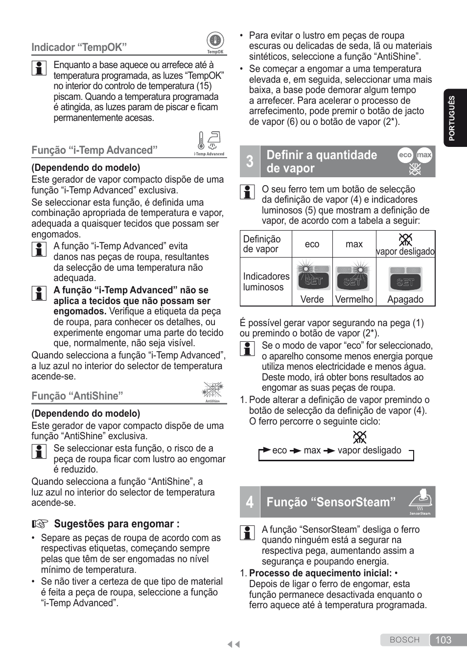 3 definir a quantidade de vapor, 4 função “sensorsteam | Bosch Kompakt-Dampfgenerator Sensixx´x DI90 AntiShine TDI902836A magic night blue weiß User Manual | Page 103 / 188