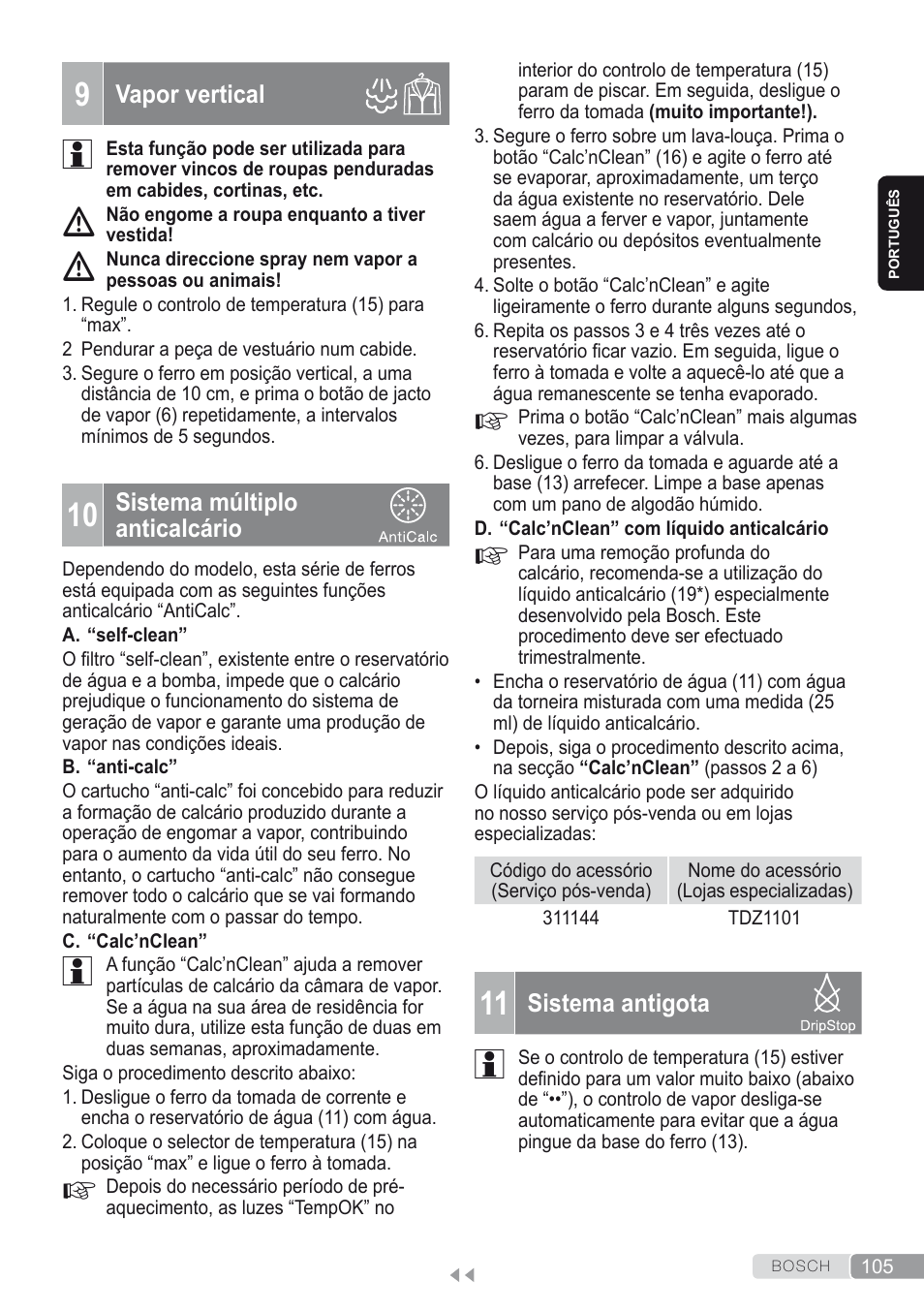 9 vapor vertical, 10 sistema múltiplo anticalcário, 11 sistema antigota | Bosch Kompakt-Dampfgenerator Sensixx´x DI90 AntiShine TDI902836A magic night blue weiß User Manual | Page 105 / 188