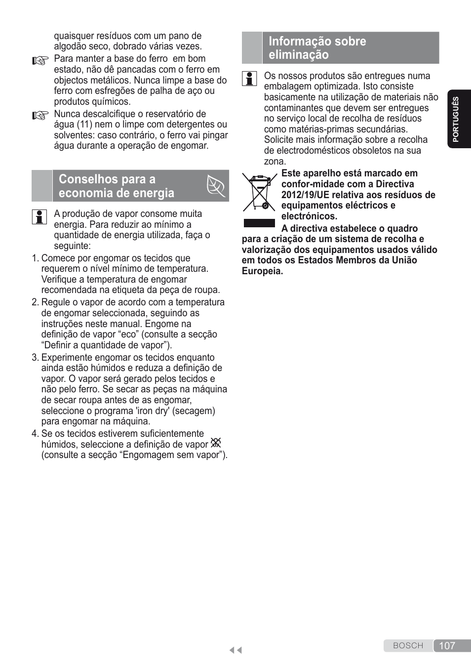 Conselhos para a economia de energia, Informação sobre eliminação | Bosch Kompakt-Dampfgenerator Sensixx´x DI90 AntiShine TDI902836A magic night blue weiß User Manual | Page 107 / 188