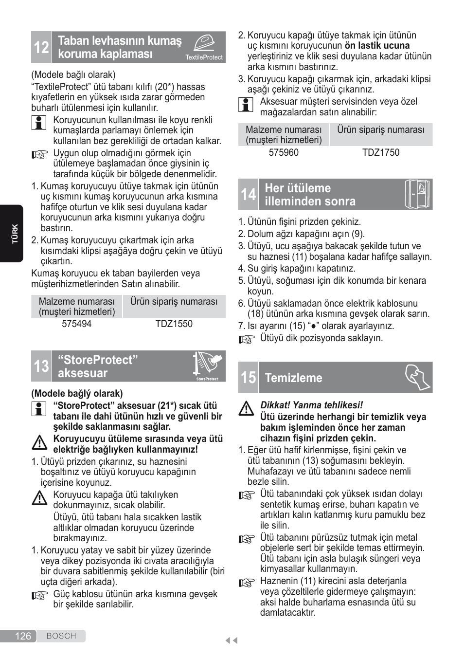 12 taban levhasının kumaş koruma kaplaması, 13 “storeprotect” aksesuar, 14 her ütüleme illeminden sonra | 15 temizleme | Bosch Kompakt-Dampfgenerator Sensixx´x DI90 AntiShine TDI902836A magic night blue weiß User Manual | Page 126 / 188