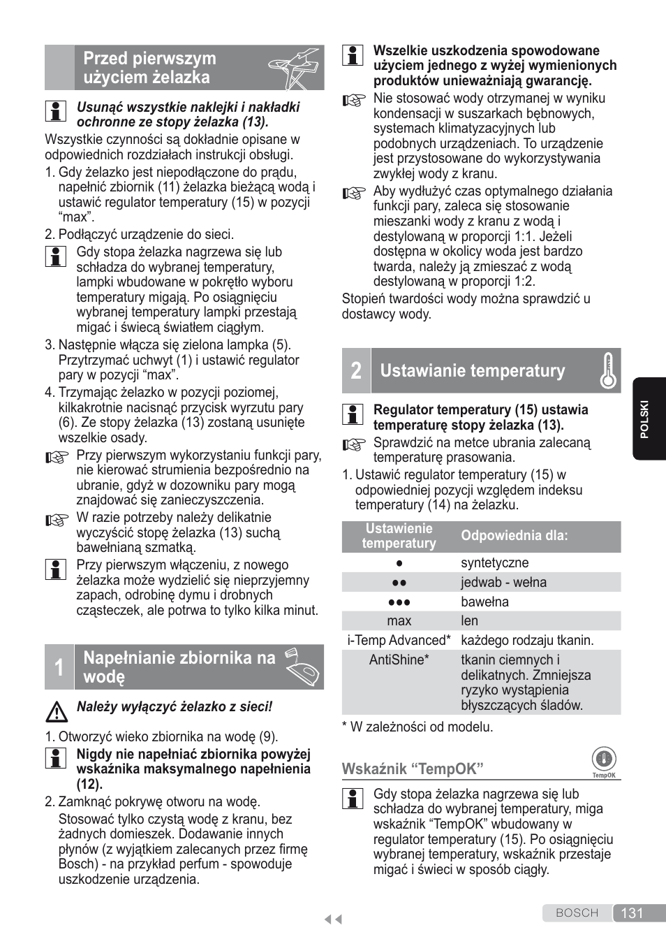 Przed pierwszym użyciem żelazka, 1 napełnianie zbiornika na wodę, 2 ustawianie temperatury | Bosch Kompakt-Dampfgenerator Sensixx´x DI90 AntiShine TDI902836A magic night blue weiß User Manual | Page 131 / 188