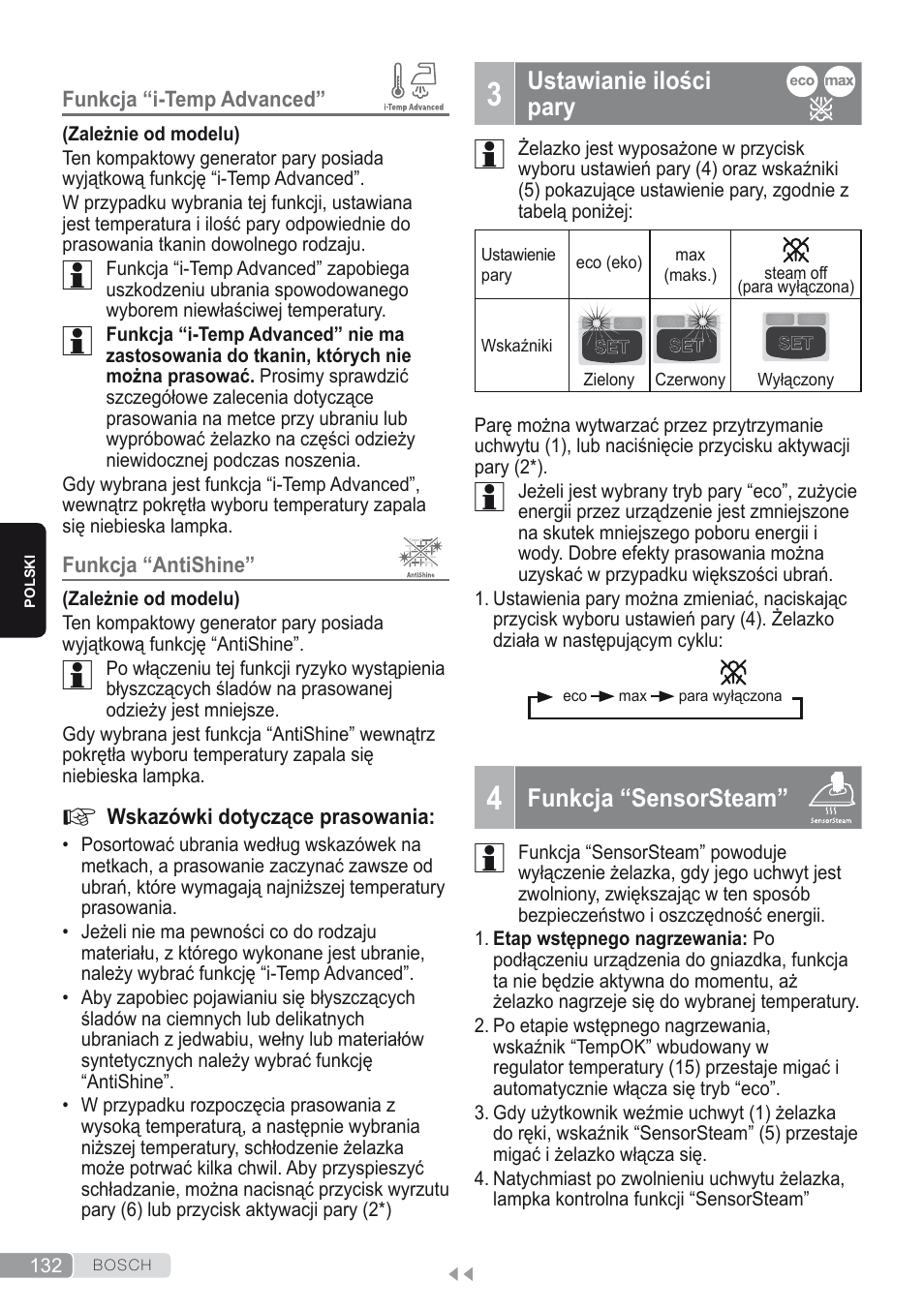 3 ustawianie ilościpary, 4 funkcja “sensorsteam, Ustawianie ilości pary | Funkcja “sensorsteam | Bosch Kompakt-Dampfgenerator Sensixx´x DI90 AntiShine TDI902836A magic night blue weiß User Manual | Page 132 / 188