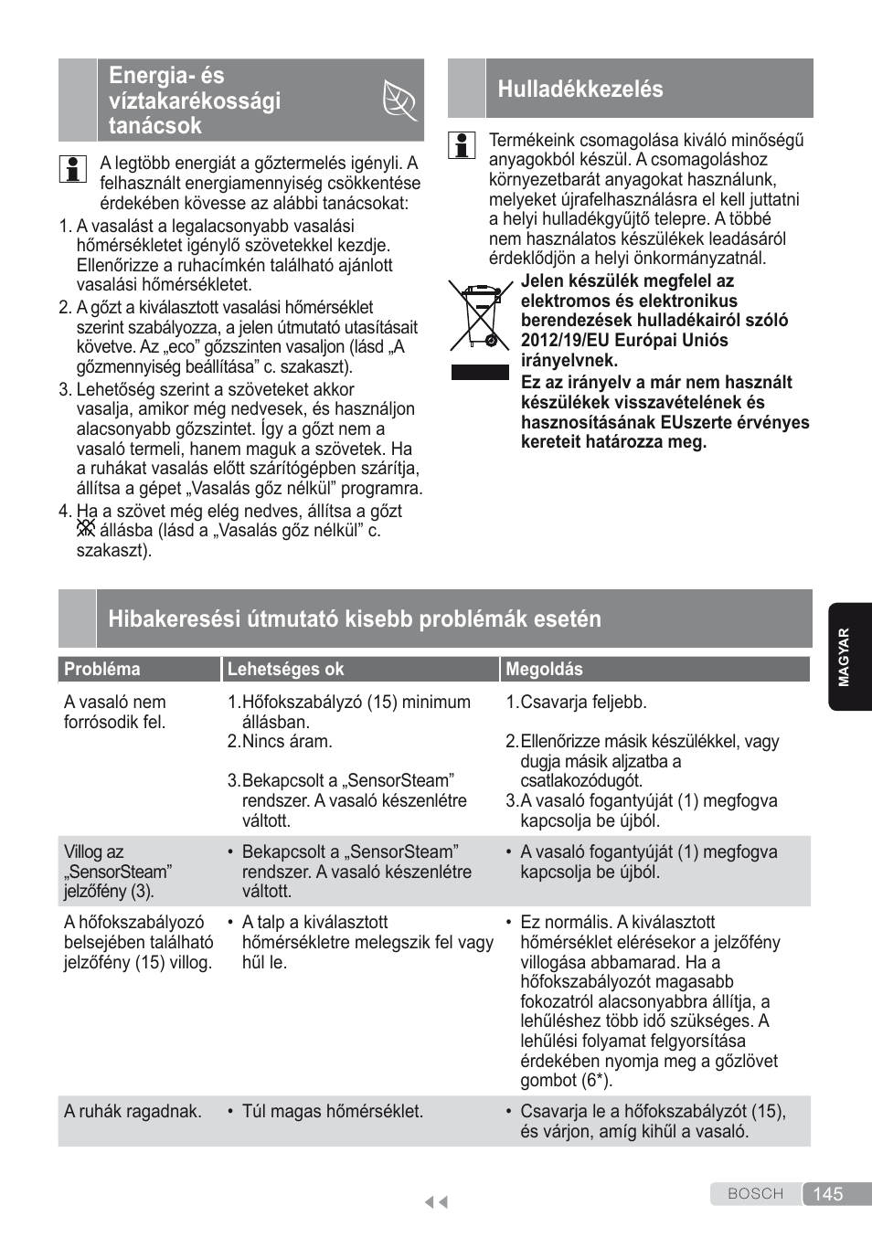 Energia- és víztakarékossági tanácsok, Hulladékkezelés, Hibakeresési útmutató kisebb problémák esetén | Bosch Kompakt-Dampfgenerator Sensixx´x DI90 AntiShine TDI902836A magic night blue weiß User Manual | Page 145 / 188