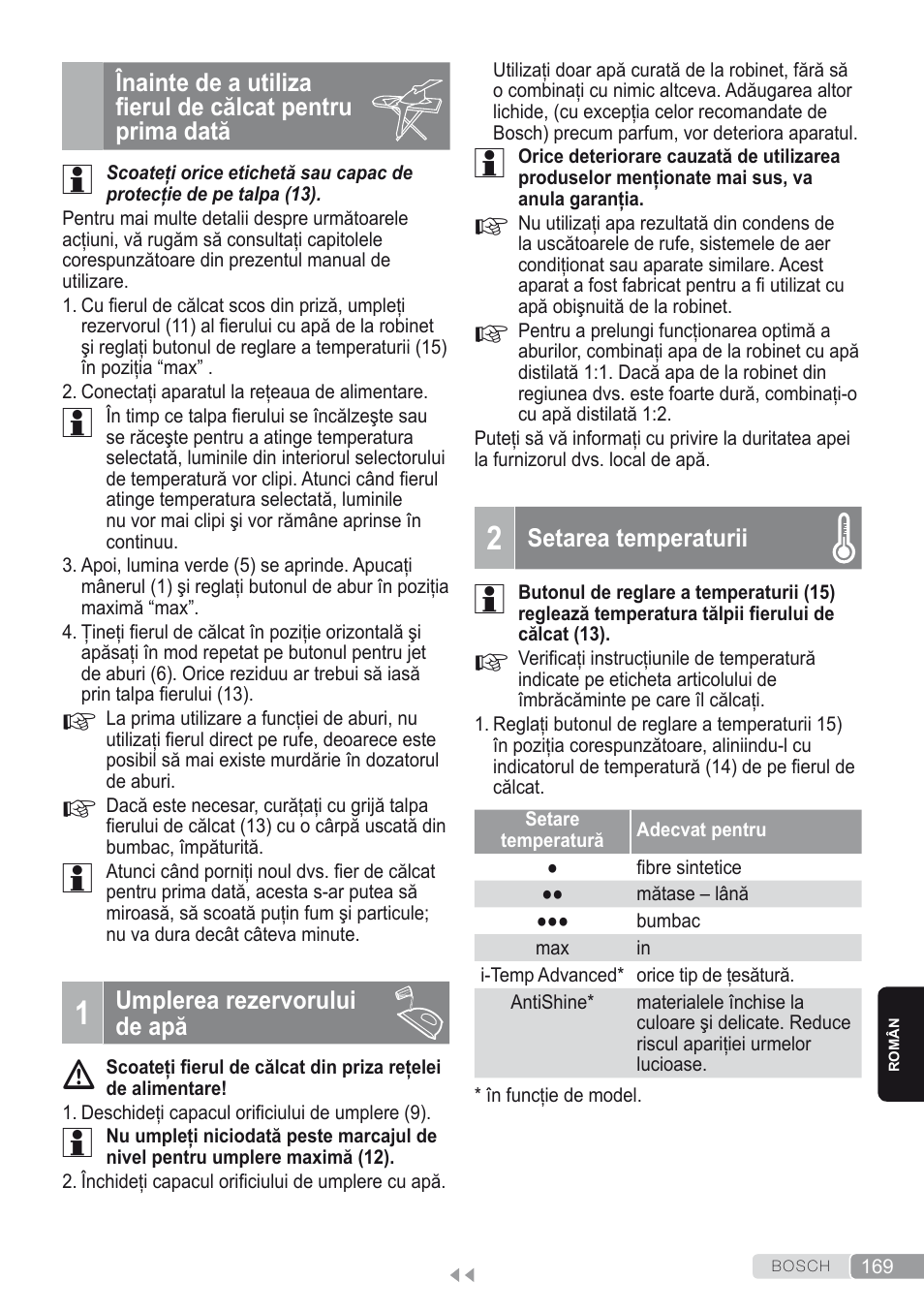 1 umplerea rezervorului de apă, 2 setarea temperaturii | Bosch Kompakt-Dampfgenerator Sensixx´x DI90 AntiShine TDI902836A magic night blue weiß User Manual | Page 169 / 188