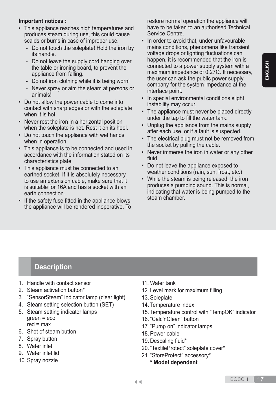 Description | Bosch Kompakt-Dampfgenerator Sensixx´x DI90 AntiShine TDI902836A magic night blue weiß User Manual | Page 17 / 188