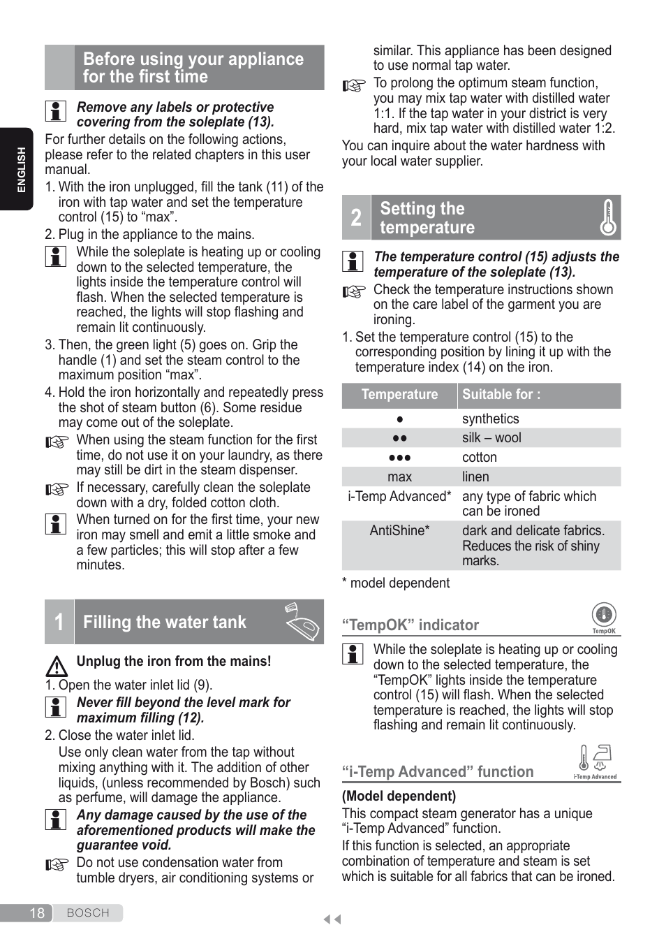 Before using your appliancefor the first time, 1 filling the water tank, 2 setting thetemperature | Bosch Kompakt-Dampfgenerator Sensixx´x DI90 AntiShine TDI902836A magic night blue weiß User Manual | Page 18 / 188