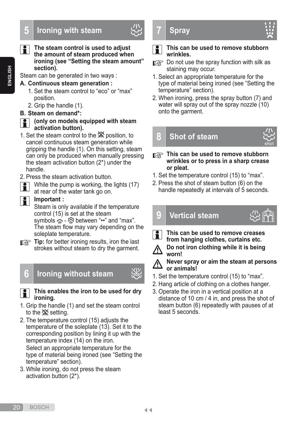 5 ironing with steam, 6 ironing without steam, 7 spray | 8 shot of steam, 9 vertical steam | Bosch Kompakt-Dampfgenerator Sensixx´x DI90 AntiShine TDI902836A magic night blue weiß User Manual | Page 20 / 188