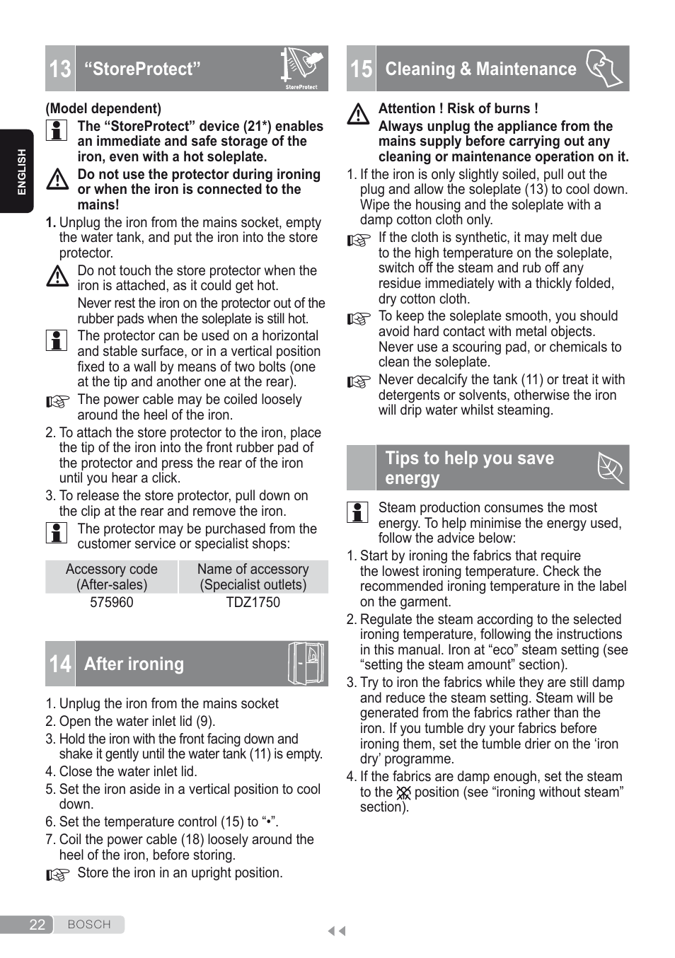 13 “storeprotect, 14 after ironing, 15 cleaning & maintenance | Tips to help you save energy | Bosch Kompakt-Dampfgenerator Sensixx´x DI90 AntiShine TDI902836A magic night blue weiß User Manual | Page 22 / 188