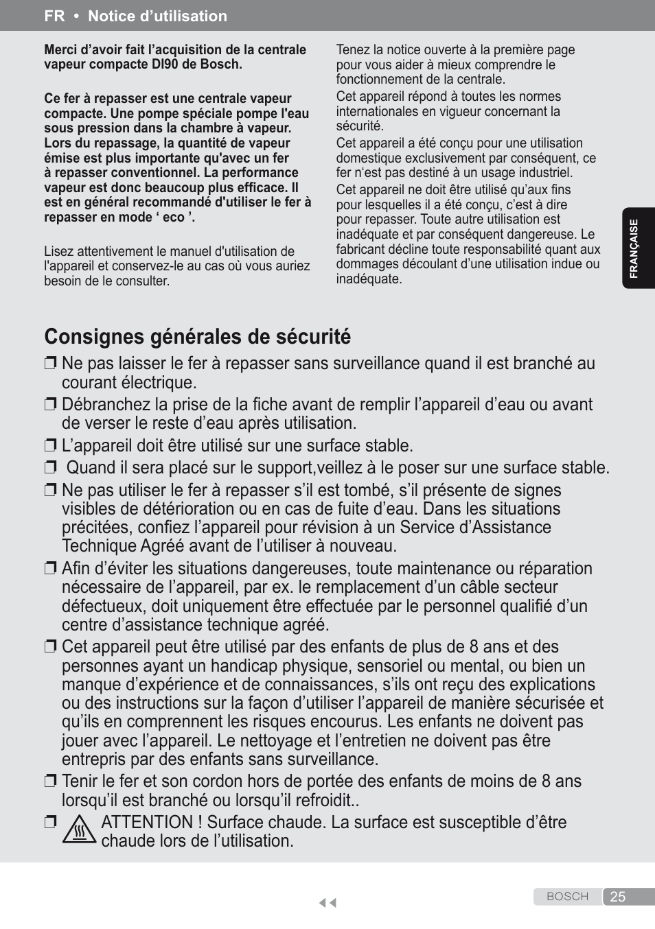 Française, Consignes générales de sécurité | Bosch Kompakt-Dampfgenerator Sensixx´x DI90 AntiShine TDI902836A magic night blue weiß User Manual | Page 25 / 188