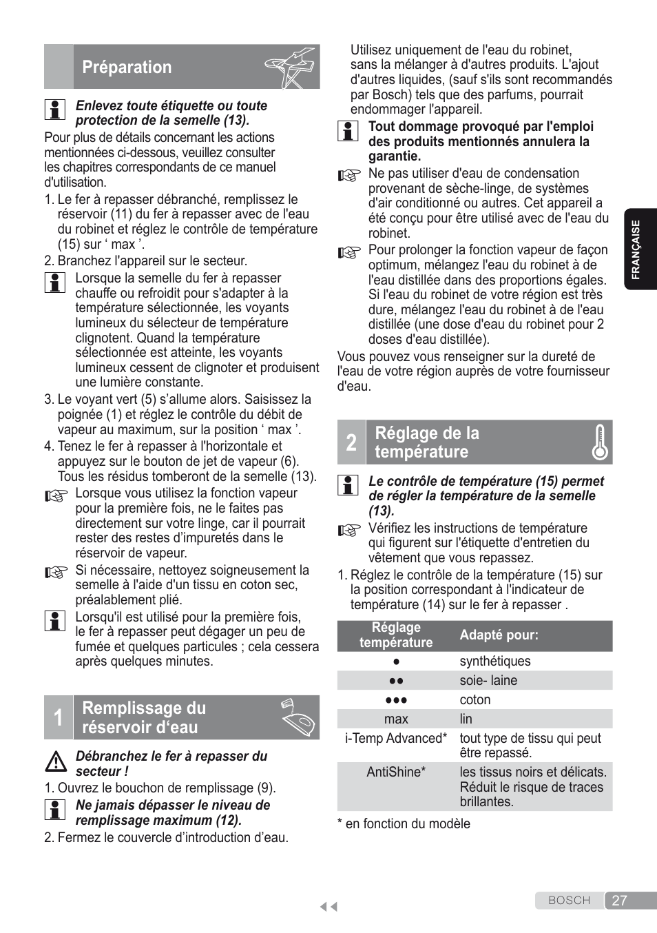 Préparation, 1 remplissage du réservoir d‘eau, 2 réglage de latempérature | Bosch Kompakt-Dampfgenerator Sensixx´x DI90 AntiShine TDI902836A magic night blue weiß User Manual | Page 27 / 188