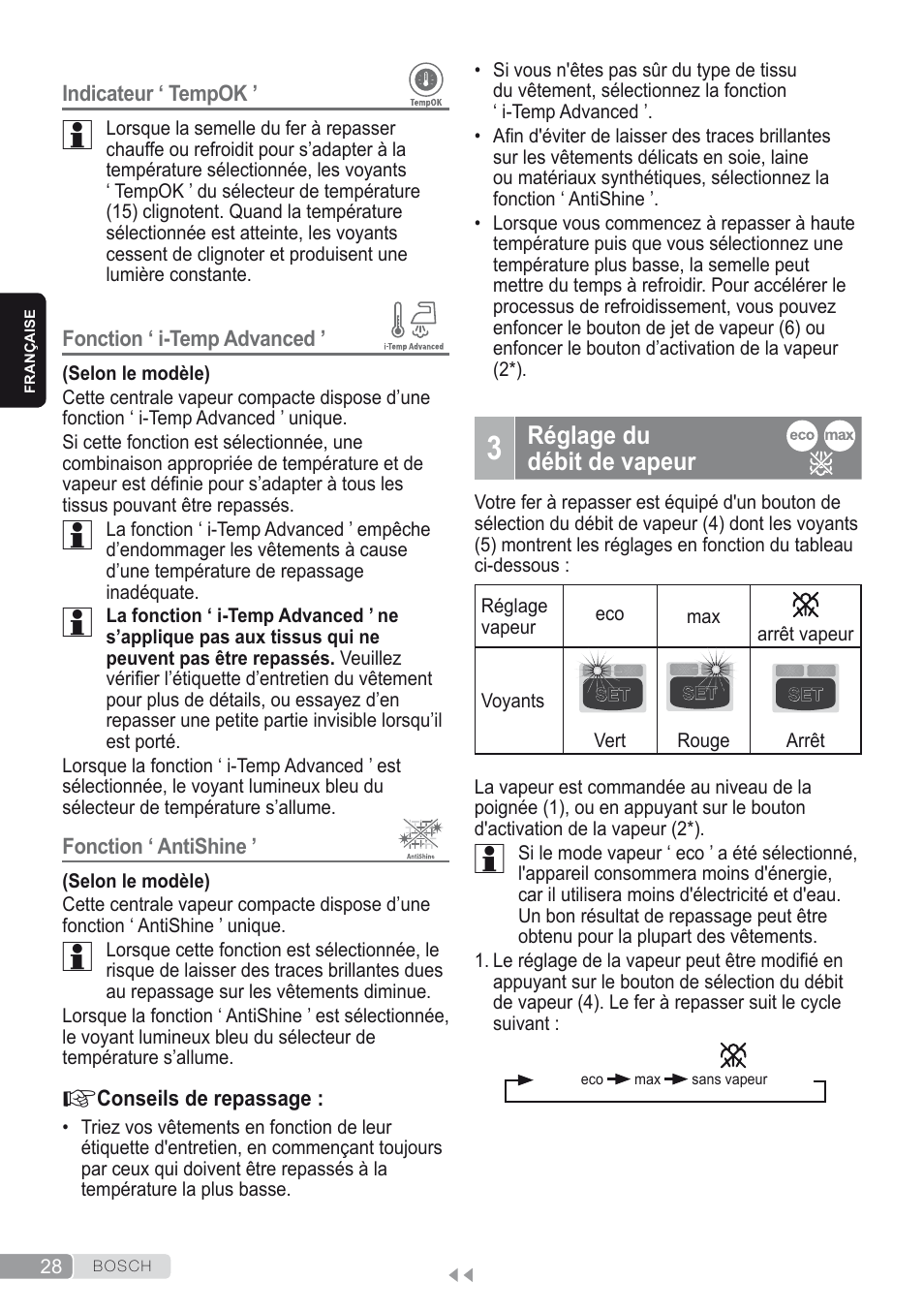 3 réglage dudébit de vapeur, Réglage du débit de vapeur | Bosch Kompakt-Dampfgenerator Sensixx´x DI90 AntiShine TDI902836A magic night blue weiß User Manual | Page 28 / 188