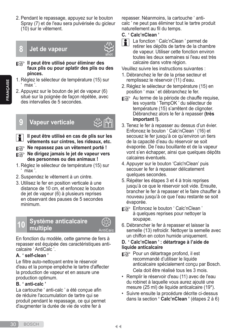 8 jet de vapeur, 9 vapeur verticale, 10 système anticalcaire multiple | Bosch Kompakt-Dampfgenerator Sensixx´x DI90 AntiShine TDI902836A magic night blue weiß User Manual | Page 30 / 188