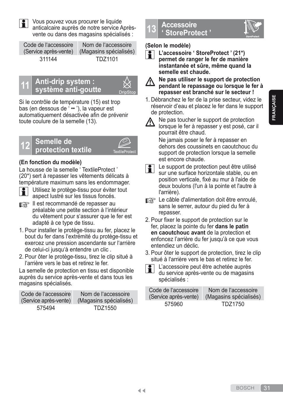 11 anti-drip system : système anti-goutte, 12 semelle de protection textile, 13 accessoire ‘ storeprotect | Bosch Kompakt-Dampfgenerator Sensixx´x DI90 AntiShine TDI902836A magic night blue weiß User Manual | Page 31 / 188