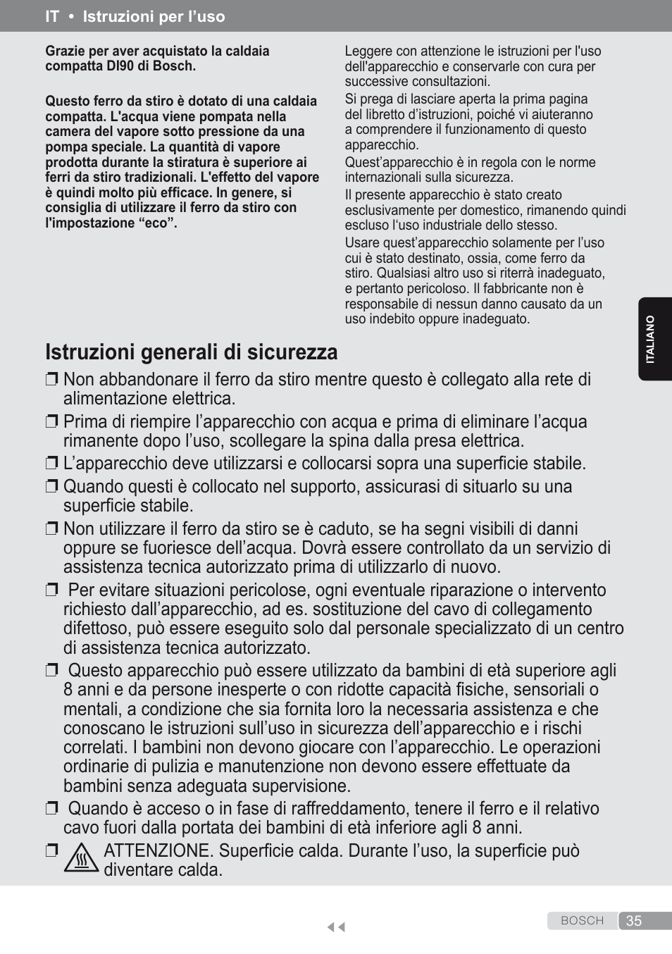 Italiano, Istruzioni generali di sicurezza | Bosch Kompakt-Dampfgenerator Sensixx´x DI90 AntiShine TDI902836A magic night blue weiß User Manual | Page 35 / 188