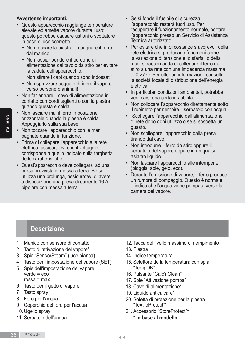 Descrizione | Bosch Kompakt-Dampfgenerator Sensixx´x DI90 AntiShine TDI902836A magic night blue weiß User Manual | Page 36 / 188