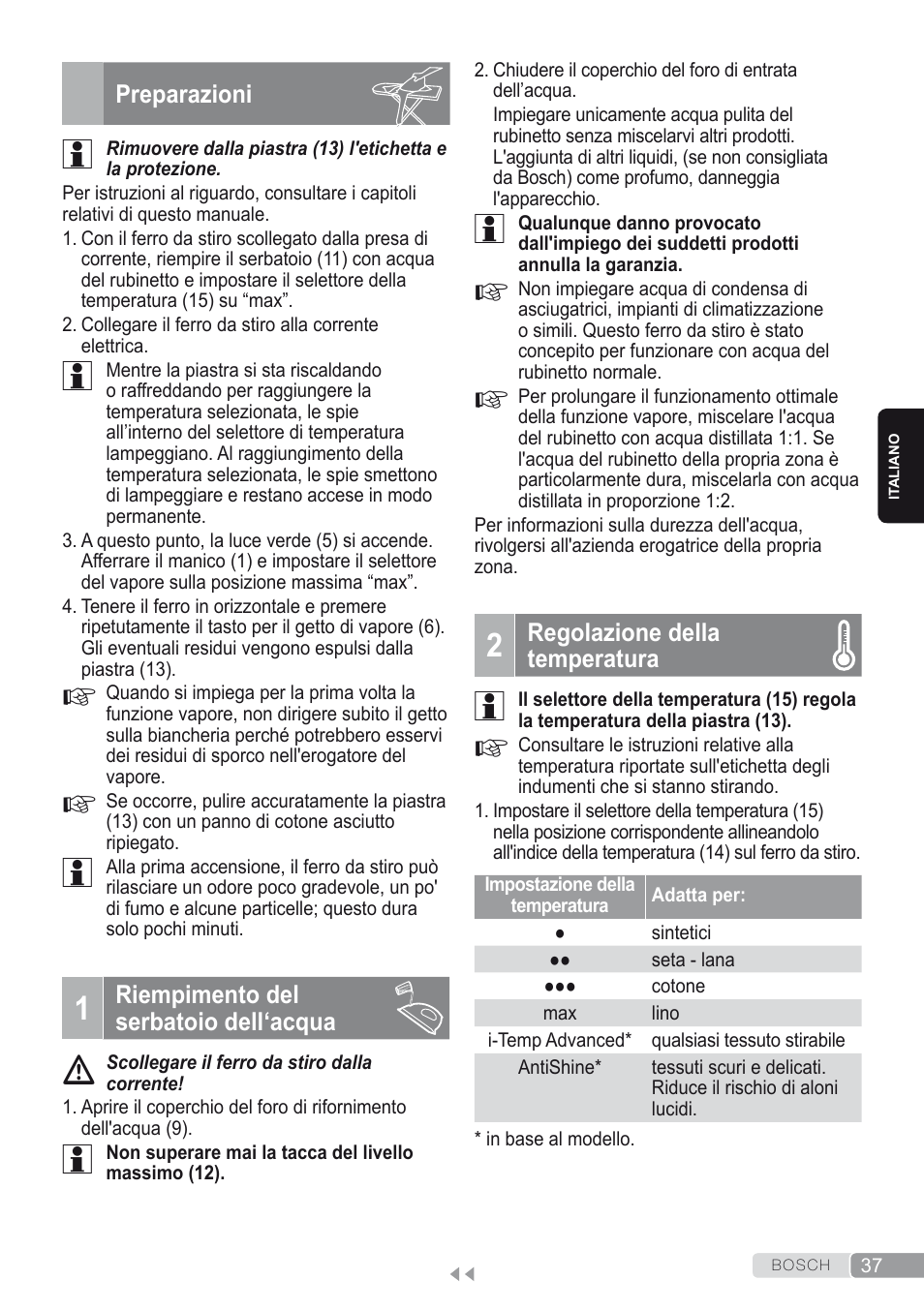 Preparazioni, 1 riempimento delserbatoio dell‘acqua, 2 regolazione dellatemperatura | Bosch Kompakt-Dampfgenerator Sensixx´x DI90 AntiShine TDI902836A magic night blue weiß User Manual | Page 37 / 188