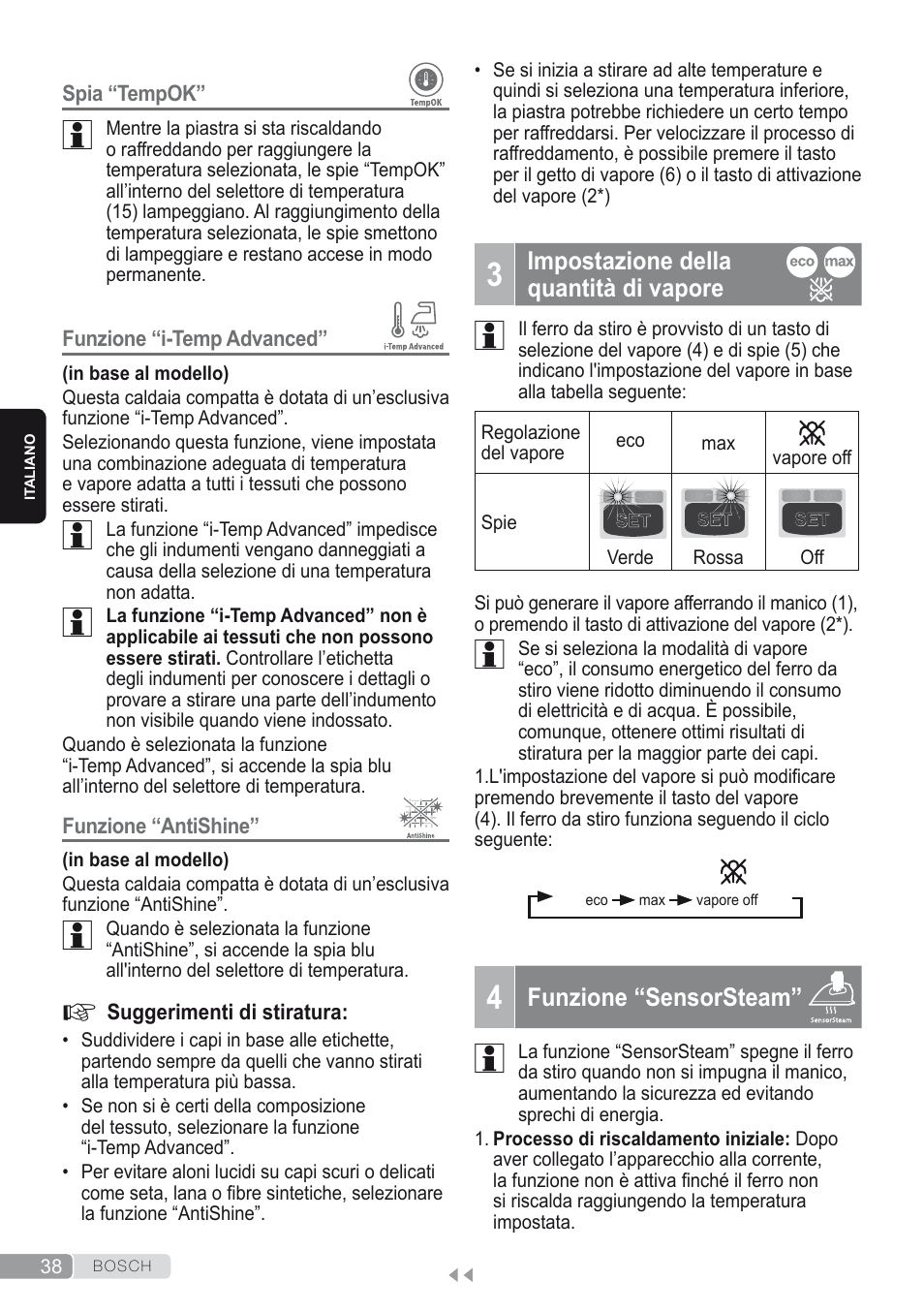 3 impostazione dellaquantità di vapore, 4 funzione “sensorsteam | Bosch Kompakt-Dampfgenerator Sensixx´x DI90 AntiShine TDI902836A magic night blue weiß User Manual | Page 38 / 188