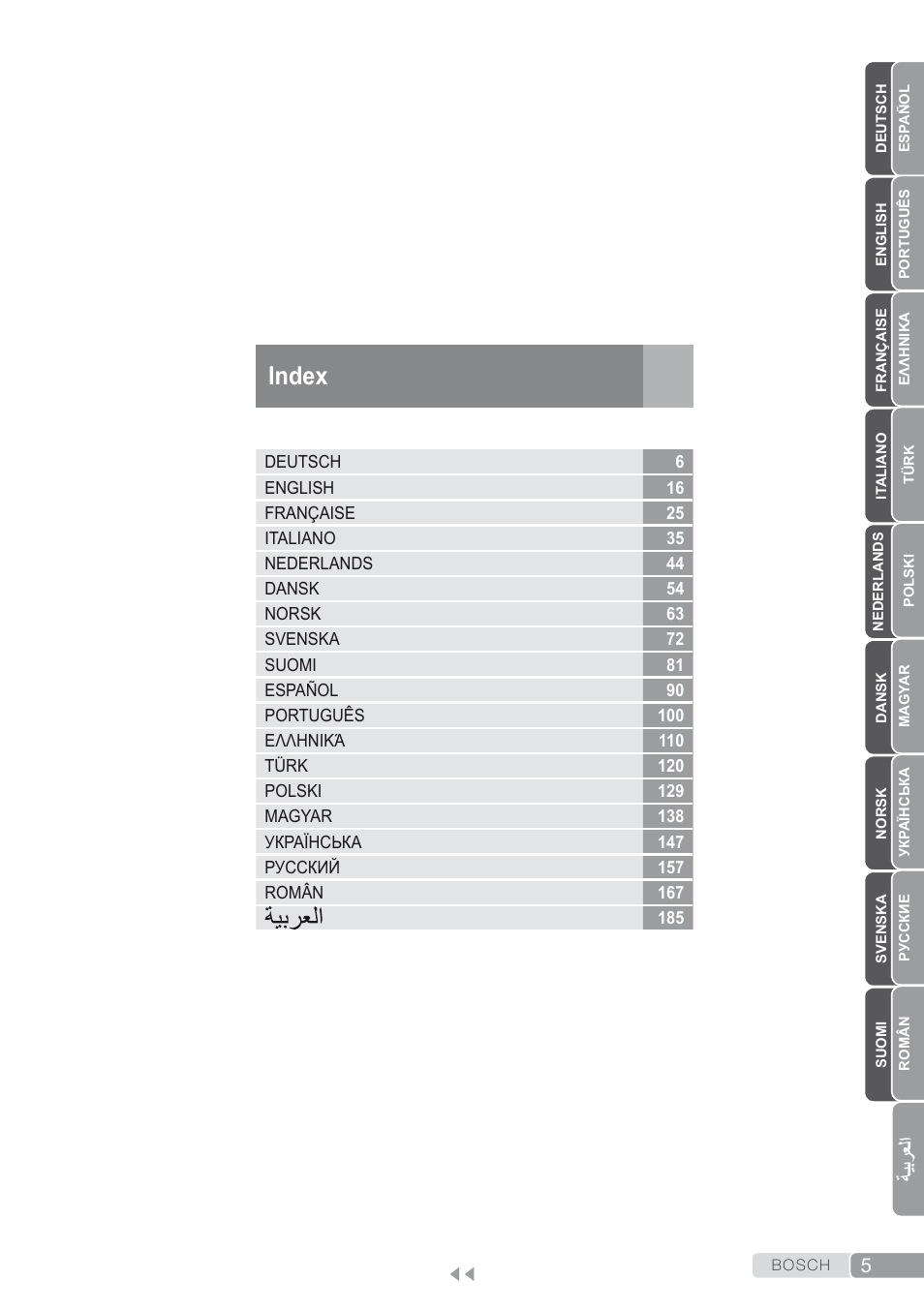 Index, ةيبرعلا | Bosch Kompakt-Dampfgenerator Sensixx´x DI90 AntiShine TDI902836A magic night blue weiß User Manual | Page 5 / 188