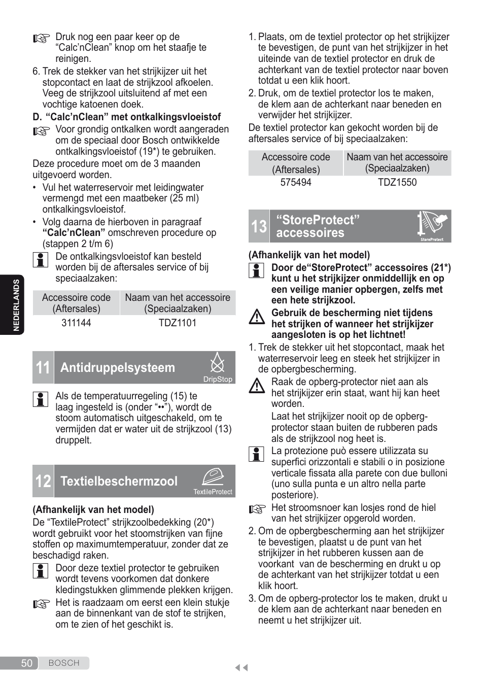 11 antidruppelsysteem, 12 textielbeschermzool, 13 “storeprotect” accessoires | Bosch Kompakt-Dampfgenerator Sensixx´x DI90 AntiShine TDI902836A magic night blue weiß User Manual | Page 50 / 188