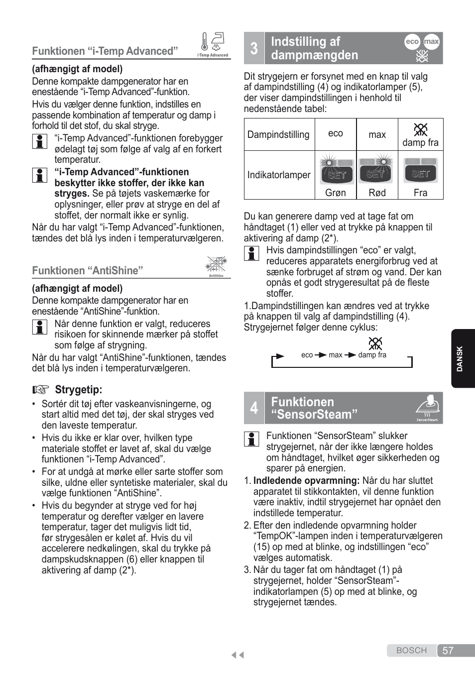 3 indstilling af dampmængden, 4 funktionen “sensorsteam, Indstilling af dampmængden | Funktionen “sensorsteam | Bosch Kompakt-Dampfgenerator Sensixx´x DI90 AntiShine TDI902836A magic night blue weiß User Manual | Page 57 / 188